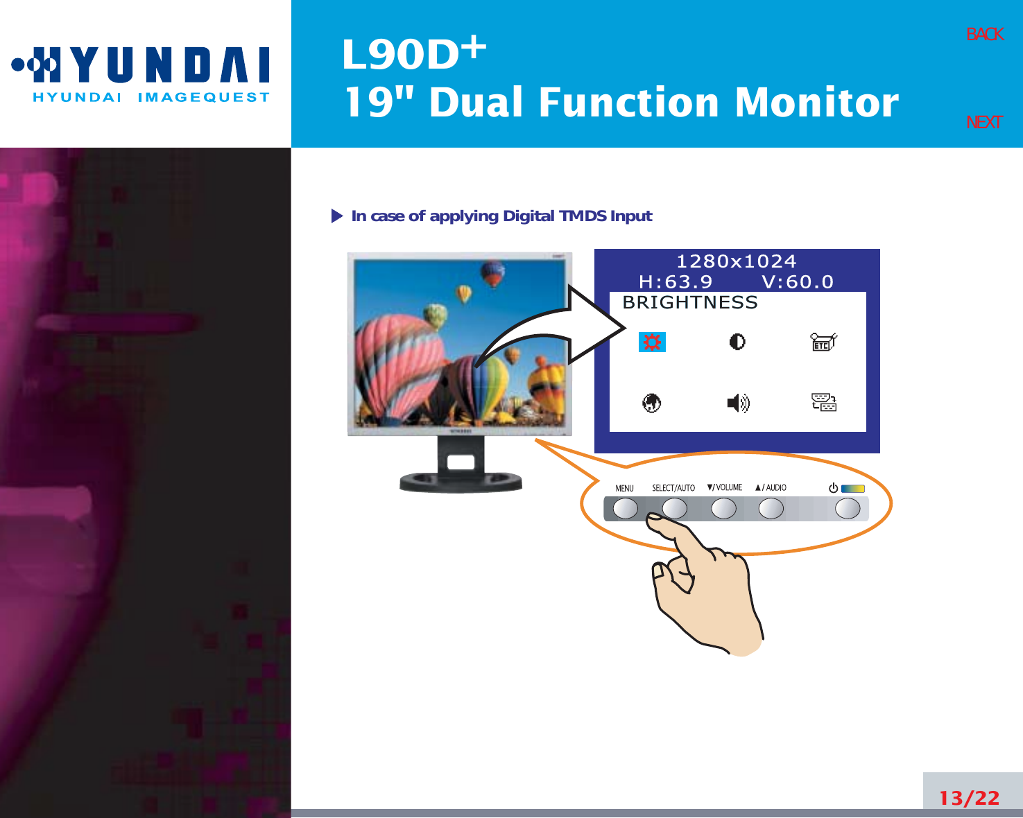 L90D19&quot; Dual Function Monitor+13/22BACKNEXT1280x1024H:63.9      V:60.0BRIGHTNESSBRIGHTNESSIn case of applying Digital TMDS Input