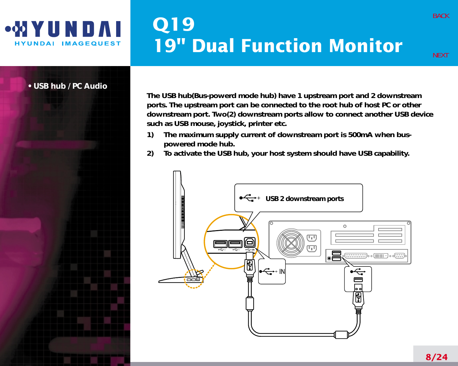 Q1919&quot; Dual Function Monitor• USB hub / PC Audio The USB hub(Bus-powerd mode hub) have 1 upstream port and 2 downstreamports. The upstream port can be connected to the root hub of host PC or otherdownstream port. Two(2) downstream ports allow to connect another USB devicesuch as USB mouse, joystick, printer etc.1)     The maximum supply current of downstream port is 500mA when bus-powered mode hub.2)     To activate the USB hub, your host system should have USB capability.8/24BACKNEXTUSB 2 downstream ports