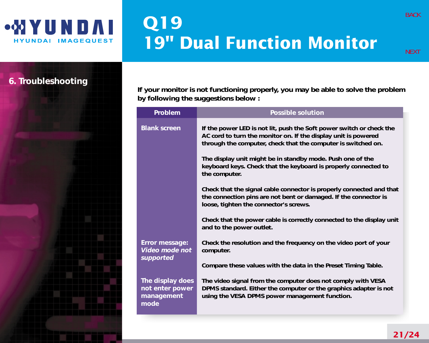Q1919&quot; Dual Function Monitor6. Troubleshooting21/24BACKNEXTProblemBlank screenError message:Video mode notsupportedThe display does not enter power managementmodePossible solutionIf the power LED is not lit, push the Soft power switch or check theAC cord to turn the monitor on. If the display unit is poweredthrough the computer, check that the computer is switched on.The display unit might be in standby mode. Push one of thekeyboard keys. Check that the keyboard is properly connected tothe computer.Check that the signal cable connector is properly connected and thatthe connection pins are not bent or damaged. If the connector isloose, tighten the connector&apos;s screws.Check that the power cable is correctly connected to the display unitand to the power outlet. Check the resolution and the frequency on the video port of yourcomputer.Compare these values with the data in the Preset Timing Table.The video signal from the computer does not comply with VESADPMS standard. Either the computer or the graphics adapter is notusing the VESA DPMS power management function.If your monitor is not functioning properly, you may be able to solve the problemby following the suggestions below :