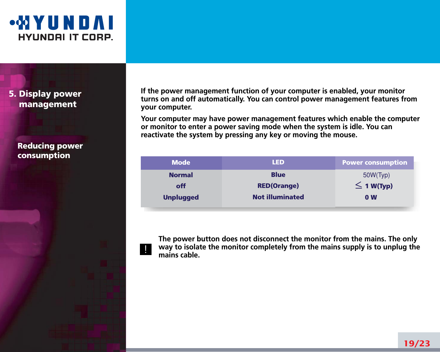 5. Display power managementReducing powerconsumptionIf the power management function of your computer is enabled, your monitorturns on and off automatically. You can control power management features fromyour computer.Your computer may have power management features which enable the computeror monitor to enter a power saving mode when the system is idle. You canreactivate the system by pressing any key or moving the mouse.The power button does not disconnect the monitor from the mains. The onlyway to isolate the monitor completely from the mains supply is to unplug themains cable.19/23Power consumption50W(Typ)1 W(Typ)0 WModeNormaloffUnpluggedLEDBlueRED(Orange)Not illuminated!