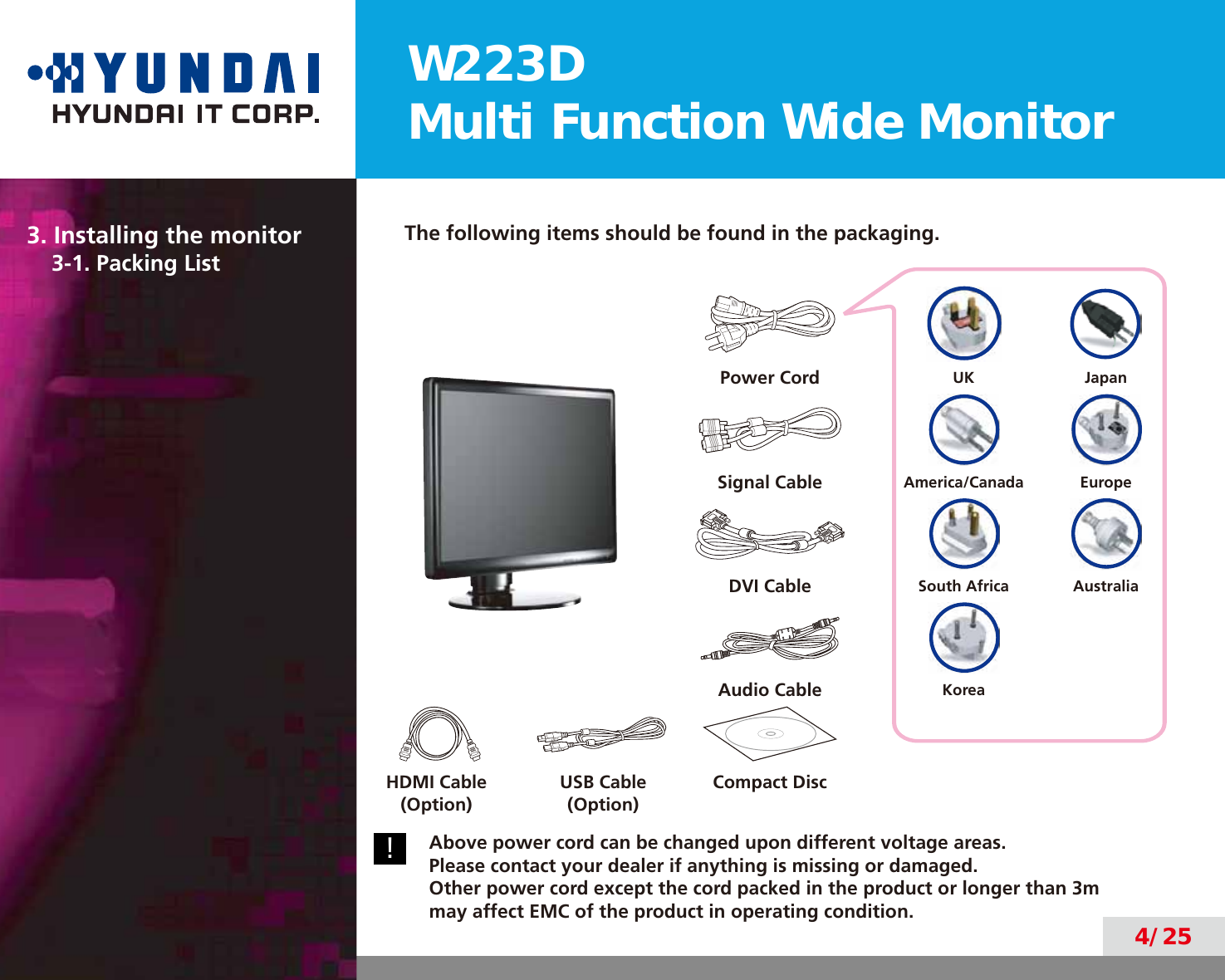 W223DMulti Function Wide Monitor4/253. Installing the monitor3-1. Packing ListThe following items should be found in the packaging.Power Cord UK JapanSignal Cable America/Canada EuropeDVI Cable South Africa AustraliaAudio Cable KoreaHDMI Cable(Option)USB Cable(Option)Compact Disc!Above power cord can be changed upon different voltage areas.  Please contact your dealer if anything is missing or damaged.  Other power cord except the cord packed in the product or longer than 3m  may affect EMC of the product in operating condition.