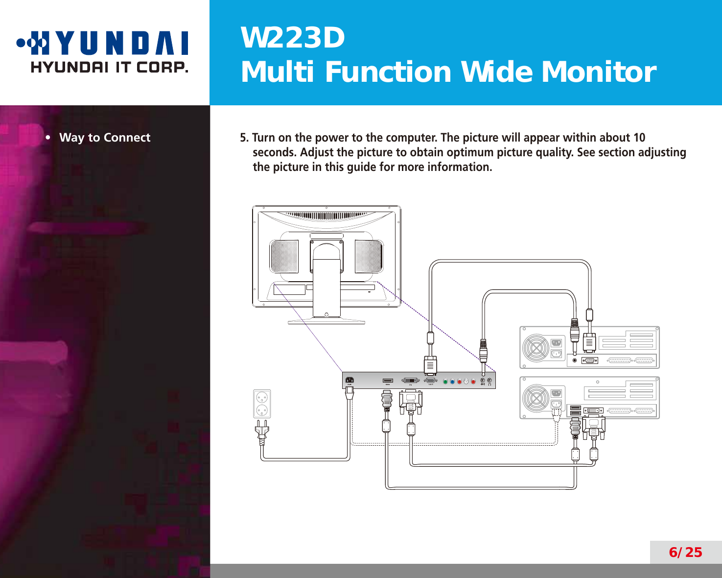 W223DMulti Function Wide Monitor6/25•  Way to Connect5. Turn on the power to the computer. The picture will appear within about 10 seconds. Adjust the picture to obtain optimum picture quality. See section adjusting the picture in this guide for more information.
