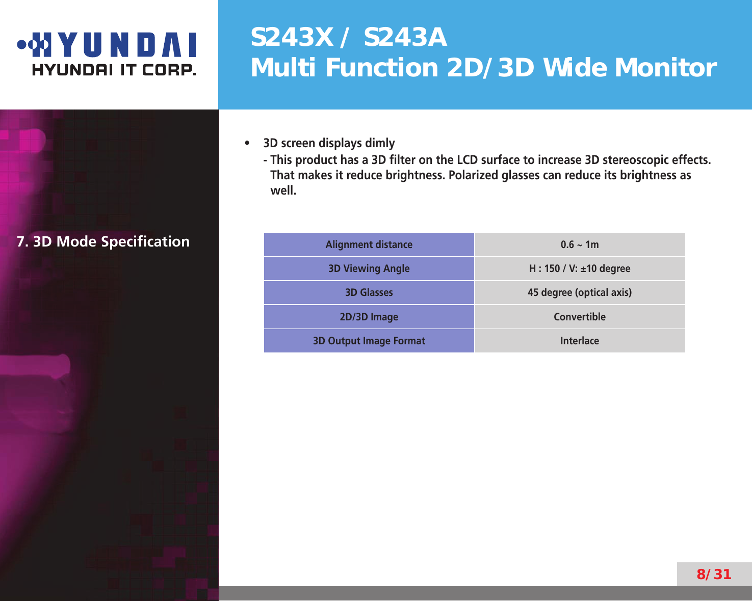 S243X / S243AMulti Function 2D/3D Wide Monitor8/313D screen displays dimly• -  This product has a 3D ﬁlter on the LCD surface to increase 3D stereoscopic effects. That makes it reduce brightness. Polarized glasses can reduce its brightness as well.7. 3D Mode SpeciﬁcationAlignment distance 0.6 ~ 1m3D Viewing Angle H : 150 / V: ±10 degree3D Glasses 45 degree (optical axis)2D/3D Image Convertible3D Output Image Format Interlace