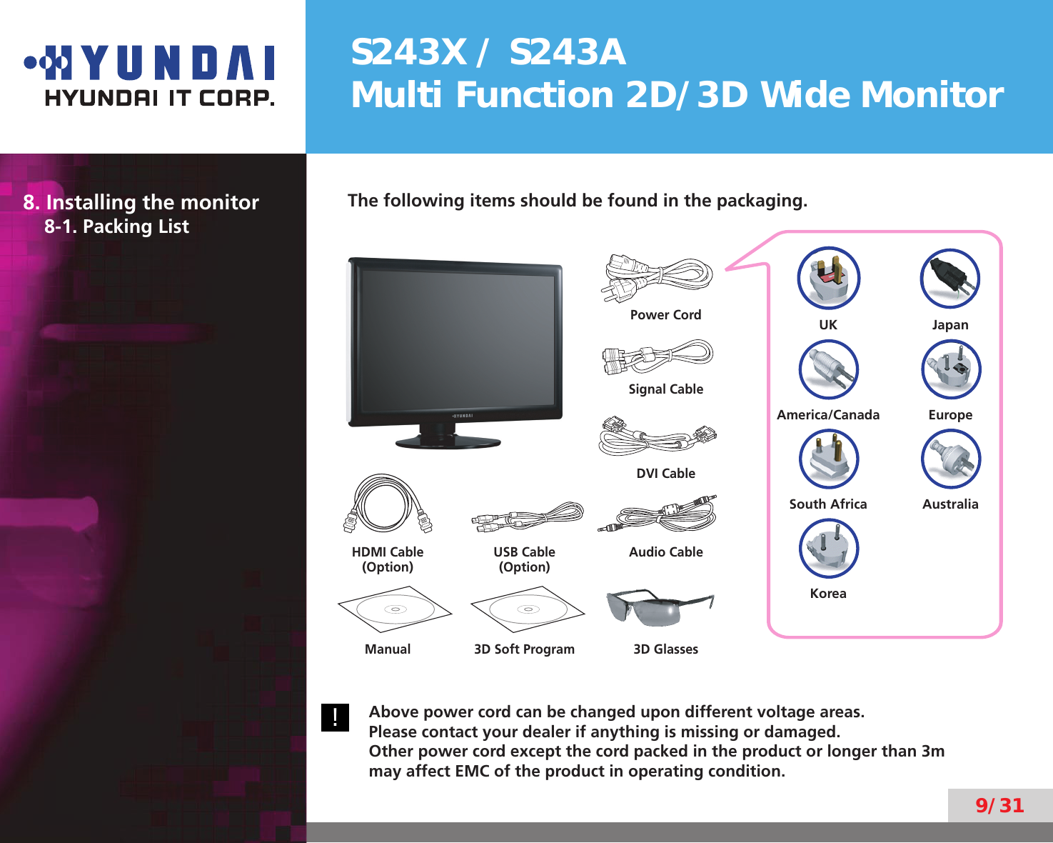 S243X / S243AMulti Function 2D/3D Wide Monitor9/318. Installing the monitor8-1. Packing ListThe following items should be found in the packaging.UK JapanAmerica/Canada EuropeSouth Africa AustraliaKorea!Above power cord can be changed upon different voltage areas.  Please contact your dealer if anything is missing or damaged.  Other power cord except the cord packed in the product or longer than 3m  may affect EMC of the product in operating condition.Power CordSignal CableManual USB Cable(Option)HDMI Cable(Option)DVI Cable Audio Cable 3D Glasses3D Soft Program
