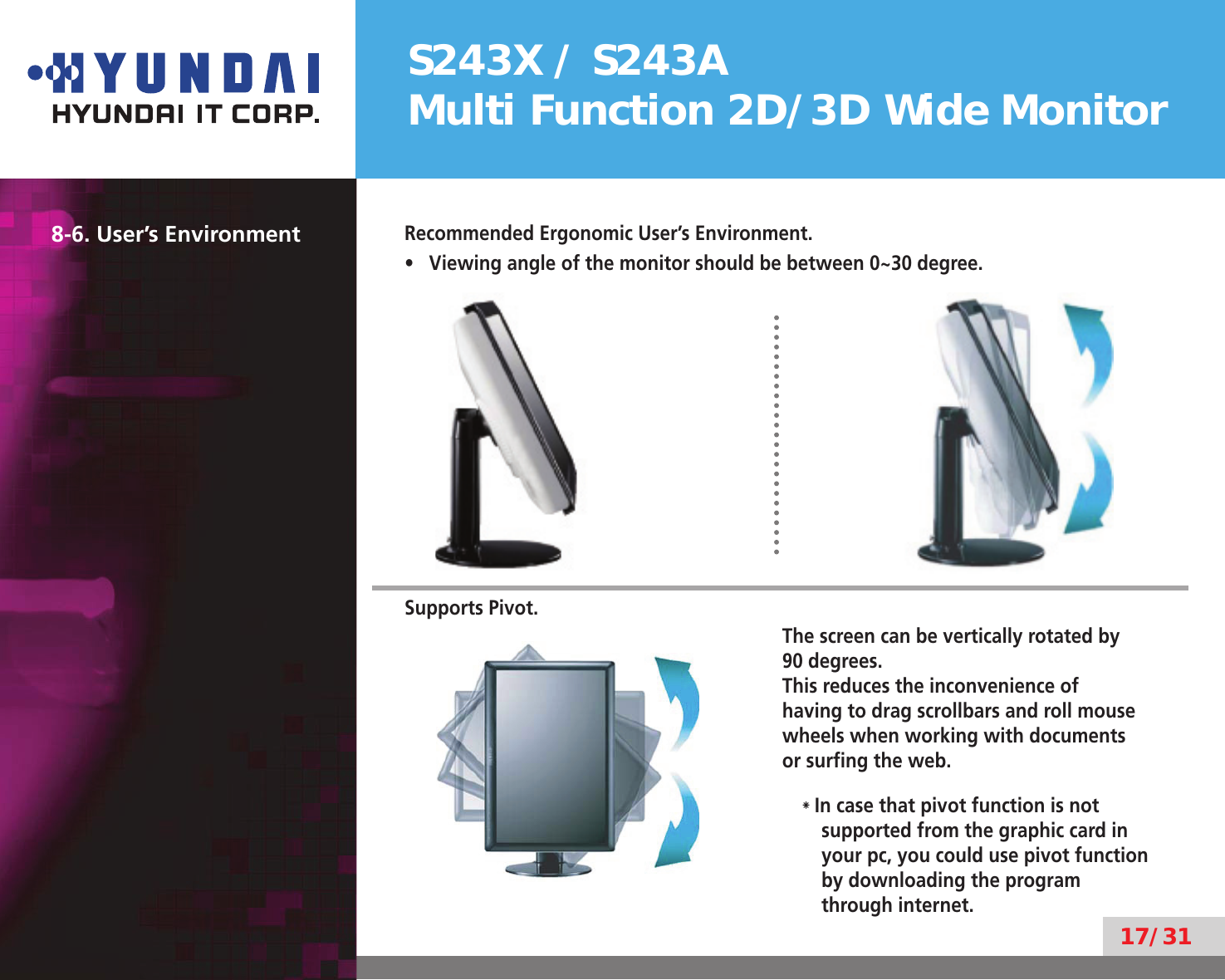 S243X / S243AMulti Function 2D/3D Wide Monitor17/318-6. User’s EnvironmentRecommended Ergonomic User’s Environment.Viewing angle of the monitor should be between 0~30 degree.• Supports Pivot.The screen can be vertically rotated by  90 degrees.This reduces the inconvenience of  having to drag scrollbars and roll mouse wheels when working with documents  or surﬁng the web.* In case that pivot function is not  supported from the graphic card in  your pc, you could use pivot function  by downloading the program  through internet.