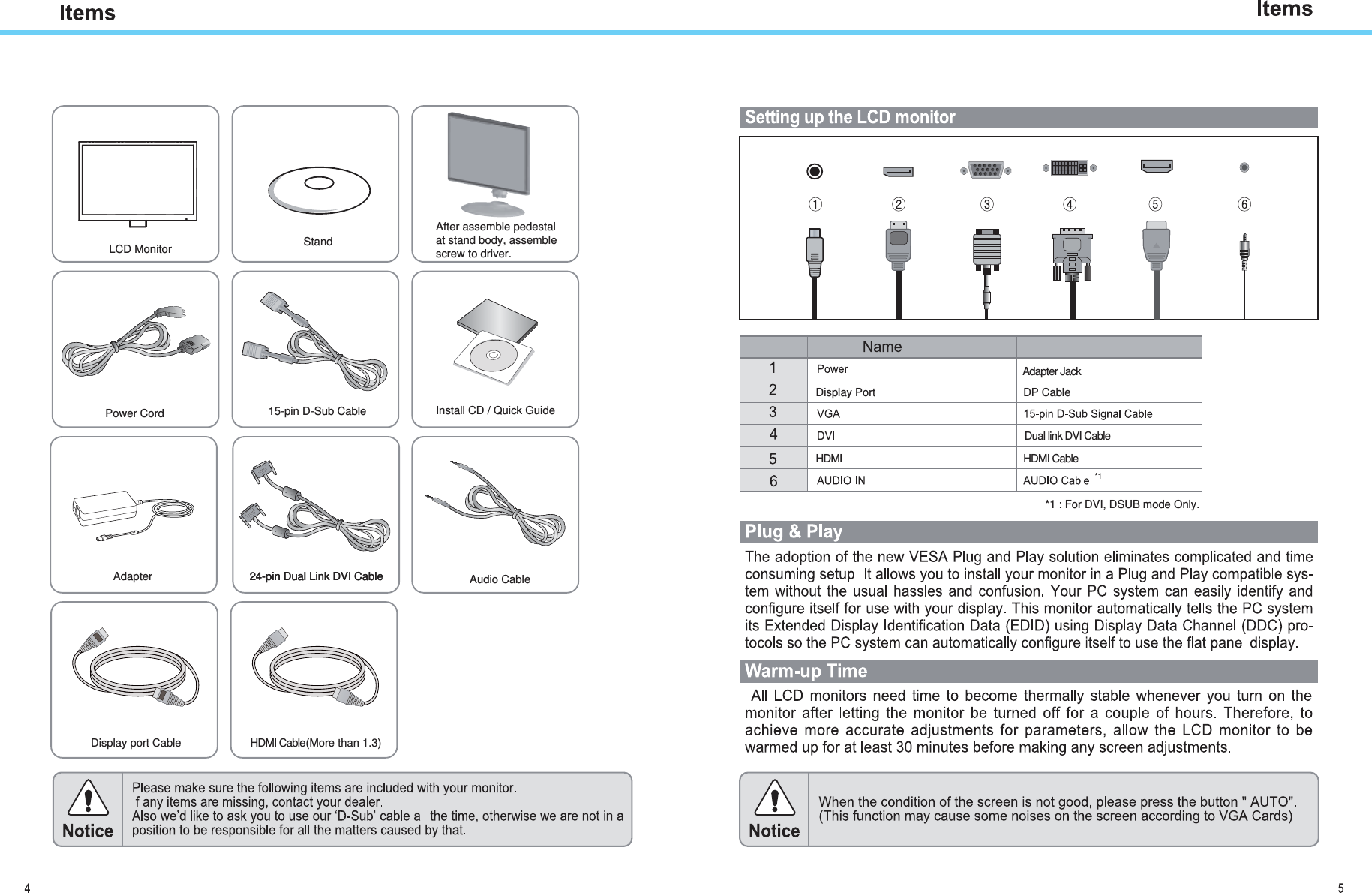 Display port Cable H IMDHelbaC PDtroP yalpsiDAdapter JackDual link DVI CableDMI Cable*1HDMI Cable(More than 1.3)StandAfter assemble pedestalat stand body, assemblescrew to driver.LCD MonitorPower Cord 15-pin D-Sub Cable Install CD / Quick GuideAdapter Audio Cable24-pin Dual Link DVI Cable24-pin Dual Link DVI Cable*1 : For DVI, DSUB mode Only.