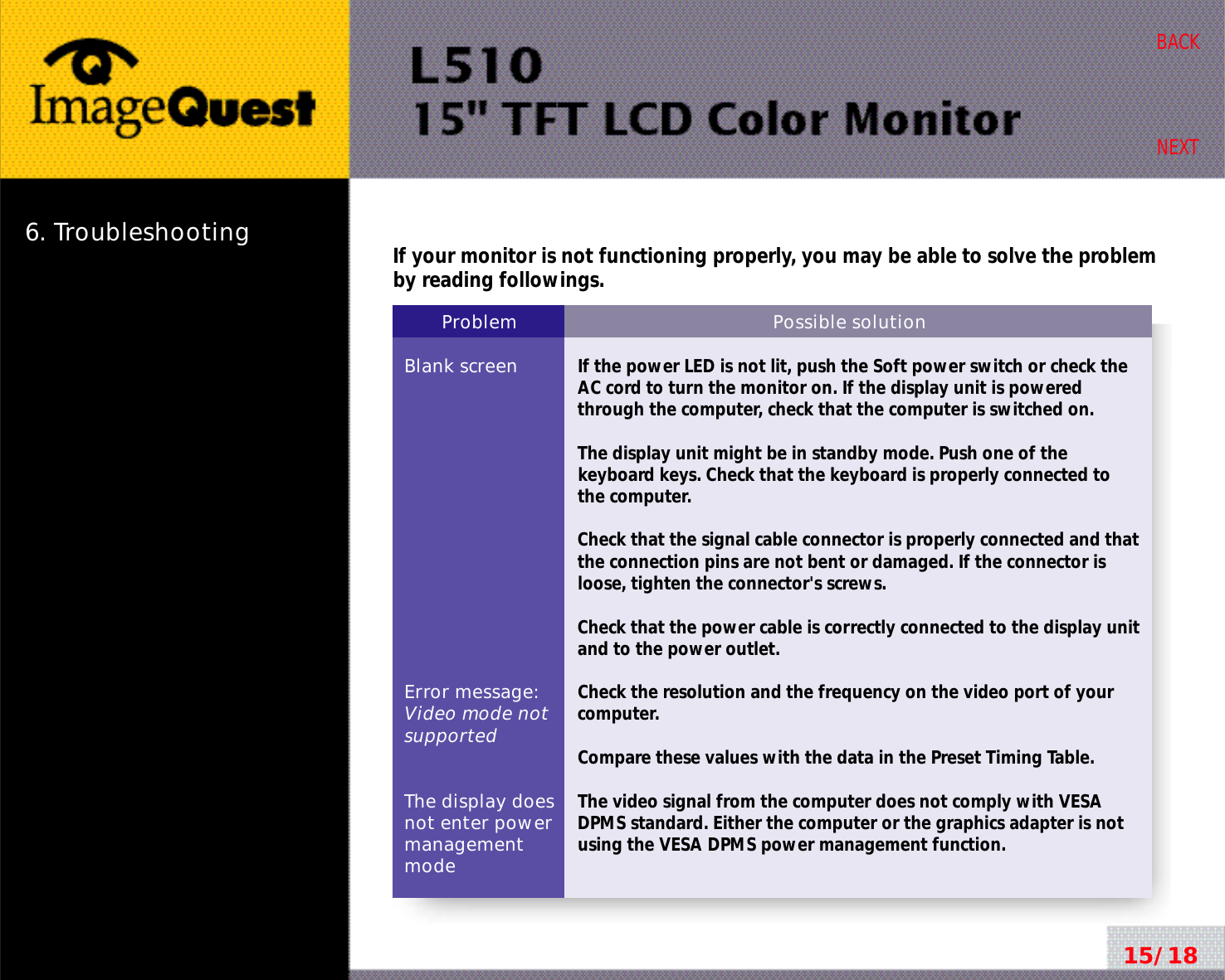 6. Troubleshooting15/18BACKNEXTProblemBlank screenError message:Video mode notsupportedThe display does not enter power managementmodePossible solutionIf the power LED is not lit, push the Soft power switch or check theAC cord to turn the monitor on. If the display unit is poweredthrough the computer, check that the computer is switched on.The display unit might be in standby mode. Push one of thekeyboard keys. Check that the keyboard is properly connected tothe computer.Check that the signal cable connector is properly connected and thatthe connection pins are not bent or damaged. If the connector isloose, tighten the connector&apos;s screws.Check that the power cable is correctly connected to the display unitand to the power outlet. Check the resolution and the frequency on the video port of yourcomputer.Compare these values with the data in the Preset Timing Table.The video signal from the computer does not comply with VESADPMS standard. Either the computer or the graphics adapter is notusing the VESA DPMS power management function.If your monitor is not functioning properly, you may be able to solve the problemby reading followings.
