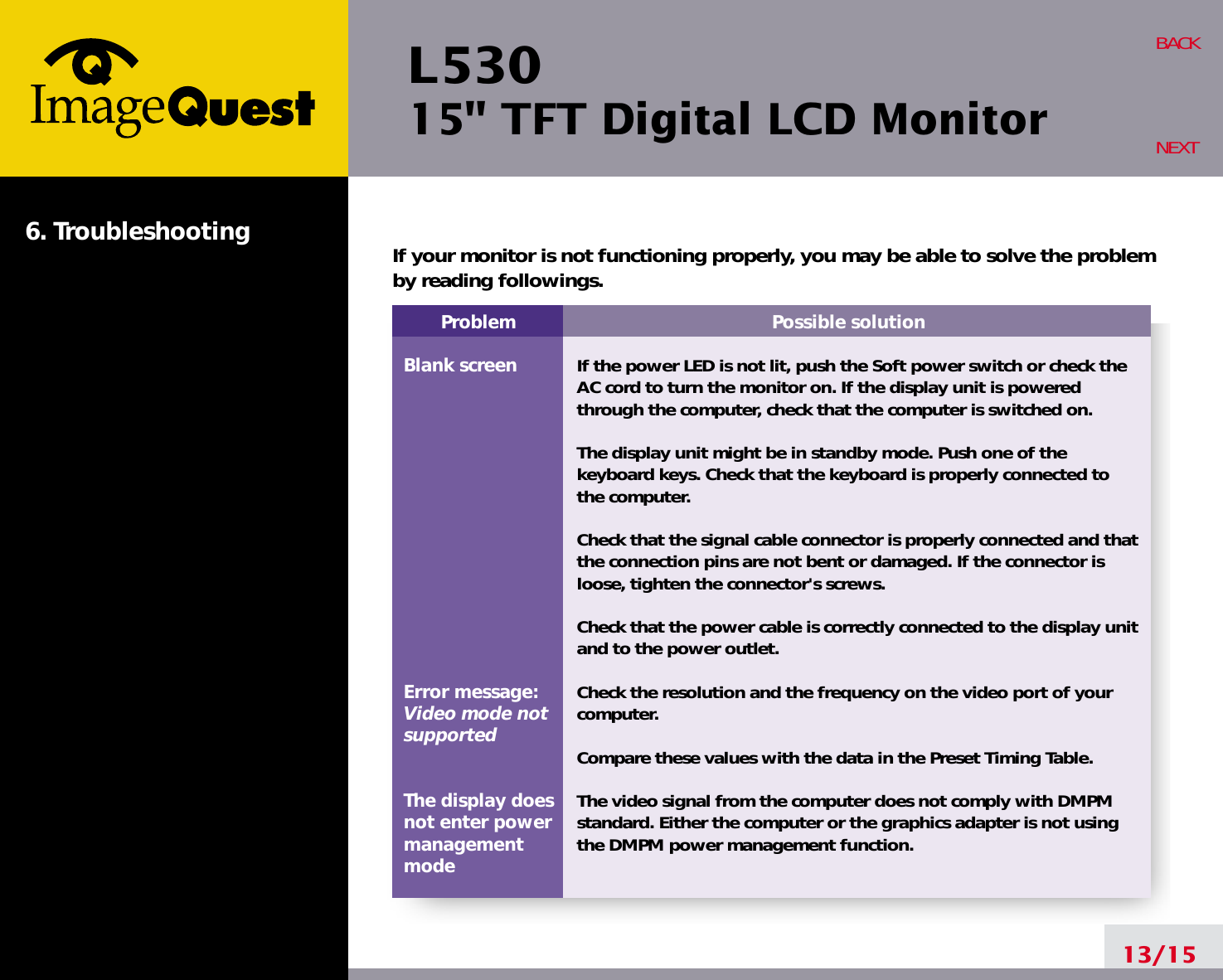 L53015&quot; TFT Digital LCD Monitor6. Troubleshooting13/15BACKNEXTProblemBlank screenError message:Video mode notsupportedThe display does not enter power managementmodePossible solutionIf the power LED is not lit, push the Soft power switch or check theAC cord to turn the monitor on. If the display unit is poweredthrough the computer, check that the computer is switched on.The display unit might be in standby mode. Push one of thekeyboard keys. Check that the keyboard is properly connected tothe computer.Check that the signal cable connector is properly connected and thatthe connection pins are not bent or damaged. If the connector isloose, tighten the connector&apos;s screws.Check that the power cable is correctly connected to the display unitand to the power outlet. Check the resolution and the frequency on the video port of yourcomputer.Compare these values with the data in the Preset Timing Table.The video signal from the computer does not comply with DMPMstandard. Either the computer or the graphics adapter is not usingthe DMPM power management function.If your monitor is not functioning properly, you may be able to solve the problemby reading followings.