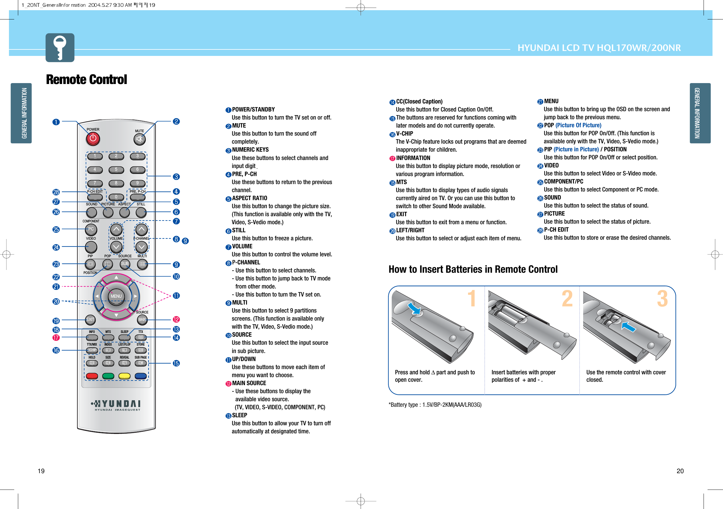 HYUNDAI LCD TV HQL170WR/200NRGENERAL INFORMATION20GENERAL INFORMATION19How to Insert Batteries in Remote Control *Battery type : 1.5V/BP-2KM(AAA/LR03G)Remote ControlPOWER/STANDBYUse this button to turn the TV set on or off.MUTEUse this button to turn the sound offcompletely.NUMERIC KEYSUse these buttons to select channels andinput digitPRE, P-CHUse these buttons to return to the previouschannel. ASPECT RATIOUse this button to change the picture size.(This function is available only with the TV,Video, S-Vedio mode.) STILLUse this button to freeze a picture.VOLUMEUse this button to control the volume level.P-CHANNEL- Use this button to select channels.- Use this button to jump back to TV modefrom other mode.- Use this button to turn the TV set on.MULTIUse this button to select 9 partitionsscreens. (This function is available onlywith the TV, Video, S-Vedio mode.)SOURCEUse this button to select the input sourcein sub picture.UP/DOWNUse these buttons to move each item ofmenu you want to choose.MAIN SOURCE- Use these buttons to display theavailable video source. (TV, VIDEO, S-VIDEO, COMPONENT, PC)SLEEPUse this button to allow your TV to turn offautomatically at designated time.CC(Closed Caption)Use this button for Closed Caption On/Off. The buttons are reserved for functions coming withlater models and do not currently operate.V-CHIPThe V-Chip feature locks out programs that are deemedinappropriate for children.INFORMATIONUse this button to display picture mode, resolution orvarious program information.MTSUse this button to display types of audio signalscurrently aired on TV. Or you can use this button toswitch to other Sound Mode available.EXITUse this button to exit from a menu or function.LEFT/RIGHTUse this button to select or adjust each item of menu.MENUUse this button to bring up the OSD on the screen andjump back to the previous menu.POP (Picture Of Picture)Use this button for POP On/Off. (This function isavailable only with the TV, Video, S-Vedio mode.) PIP (Picture in Picture) / POSITIONUse this button for POP On/Off or select position.VIDEOUse this button to select Video or S-Video mode.COMPONENT/PCUse this button to select Component or PC mode.SOUNDUse this button to select the status of sound.PICTUREUse this button to select the status of picture.P-CH EDITUse this button to store or erase the desired channels.1 203475869MENUINFO MTS SLEEP TTXTTX/MIX INDEX LIST/FLOF STOREHOLD SIZE REVEAL SUB PAGEMAINVCHIPEXITMUTEP-CH EDIT PRE, P-CHSOUNDCOMPONENTPCSUBVOLUMEVIDEOPIPPOSITIONPOP SOURCE MULTISOURCEPICTURE ASPECT STILLPOWERP-CHANNELPress and hold ∆part and push toopen cover.Insert batteries with properpolarities of  + and - .Use the remote control with coverclosed.123