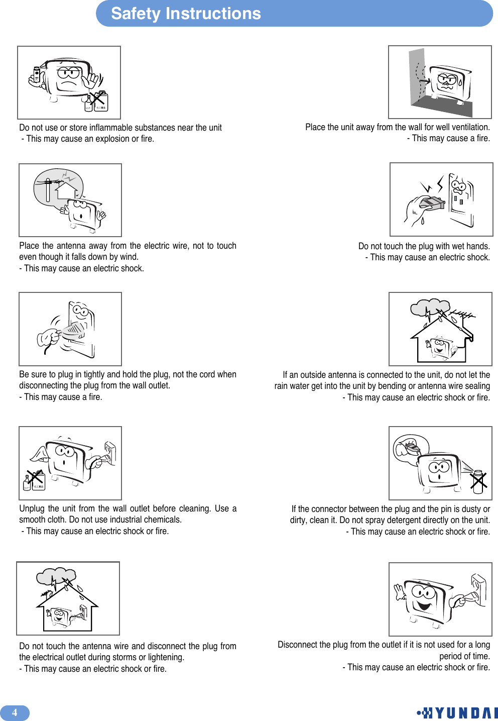 4Safety InstructionsDo not use or store inflammable substances near the unit- This may cause an explosion or fire.Place the unit away from the wall for well ventilation.- This may cause a fire.Place the antenna away from the electric wire, not to toucheven though it falls down by wind.- This may cause an electric shock.Do not touch the plug with wet hands.- This may cause an electric shock.Be sure to plug in tightly and hold the plug, not the cord whendisconnecting the plug from the wall outlet.- This may cause a fire.If an outside antenna is connected to the unit, do not let therain water get into the unit by bending or antenna wire sealing- This may cause an electric shock or fire.Unplug the unit from the wall outlet before cleaning. Use asmooth cloth. Do not use industrial chemicals.- This may cause an electric shock or fire.If the connector between the plug and the pin is dusty ordirty, clean it. Do not spray detergent directly on the unit.- This may cause an electric shock or fire.Do not touch the antenna wire and disconnect the plug fromthe electrical outlet during storms or lightening.- This may cause an electric shock or fire.Disconnect the plug from the outlet if it is not used for a longperiod of time.- This may cause an electric shock or fire.