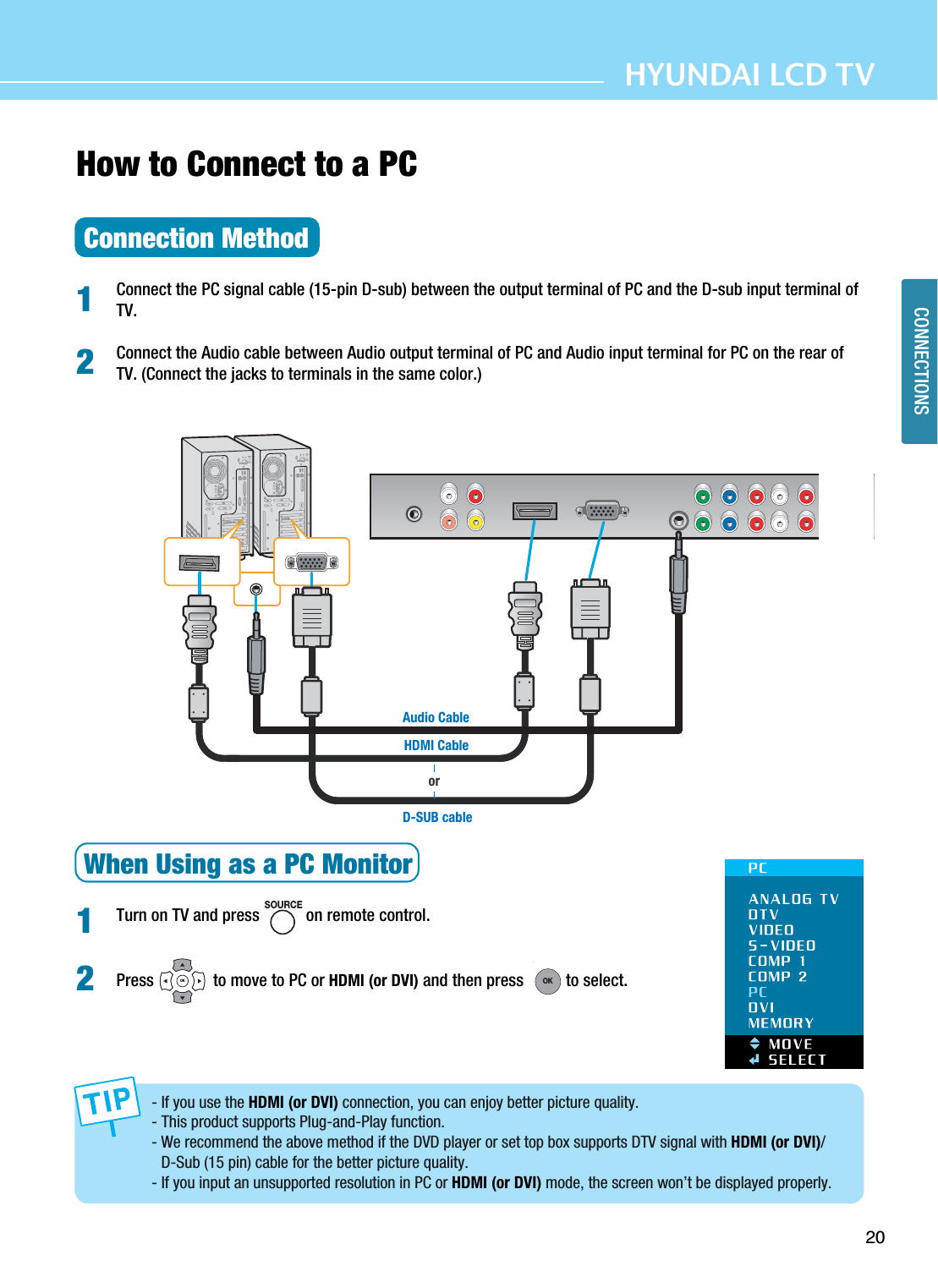 20CONNECTIONSHYUNDAI LCD TVHDMI CableHow to Connect to a PCConnection MethodConnect the PC signal cable (15-pin D-sub) between the output terminal of PC and the D-sub input terminal ofTV.Connect the Audio cable between Audio output terminal of PC and Audio input terminal for PC on the rear ofTV. (Connect the jacks to terminals in the same color.)When Using as a PC MonitorTurn on TV and press           on remote control.Press              to move to PC or HDMI (or DVI) and then press          to select.- If you use the HDMI (or DVI) connection, you can enjoy better picture quality.- This product supports Plug-and-Play function.- We recommend the above method if the DVD player or set top box supports DTV signal with HDMI (or DVI)/D-Sub (15 pin) cable for the better picture quality.- If you input an unsupported resolution in PC or HDMI (or DVI) mode, the screen won’t be displayed properly. 1212D-SUB cableAudio CableSOURCEOKOKor