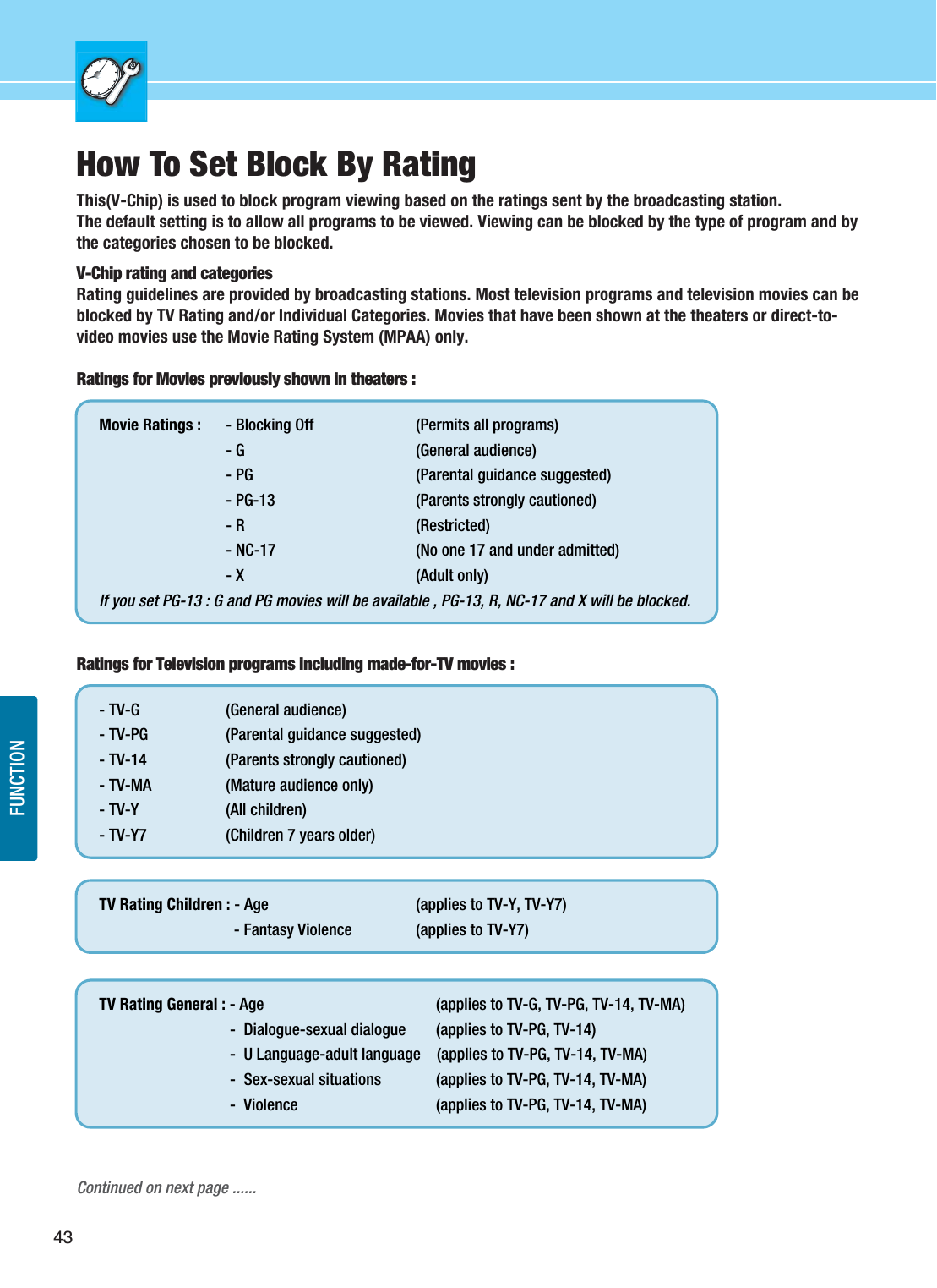 43FUNCTIONHow To Set Block By RatingThis(V-Chip) is used to block program viewing based on the ratings sent by the broadcasting station.The default setting is to allow all programs to be viewed. Viewing can be blocked by the type of program and bythe categories chosen to be blocked.V-Chip rating and categoriesRating guidelines are provided by broadcasting stations. Most television programs and television movies can beblocked by TV Rating and/or Individual Categories. Movies that have been shown at the theaters or direct-to-video movies use the Movie Rating System (MPAA) only.Ratings for Movies previously shown in theaters :Ratings for Television programs including made-for-TV movies :Continued on next page ......Movie Ratings :  - Blocking Off (Permits all programs)- G (General audience)- PG  (Parental guidance suggested)- PG-13 (Parents strongly cautioned)- R (Restricted)- NC-17 (No one 17 and under admitted)- X (Adult only)If you set PG-13 : G and PG movies will be available , PG-13, R, NC-17 and X will be blocked.- TV-G (General audience)- TV-PG (Parental guidance suggested)- TV-14 (Parents strongly cautioned)- TV-MA (Mature audience only)- TV-Y (All children)- TV-Y7 (Children 7 years older)TV Rating Children : - Age (applies to TV-Y, TV-Y7)- Fantasy Violence (applies to TV-Y7)TV Rating General : - Age (applies to TV-G, TV-PG, TV-14, TV-MA)-  Dialogue-sexual dialogue (applies to TV-PG, TV-14)-  U Language-adult language    (applies to TV-PG, TV-14, TV-MA)-  Sex-sexual situations (applies to TV-PG, TV-14, TV-MA)-  Violence (applies to TV-PG, TV-14, TV-MA)