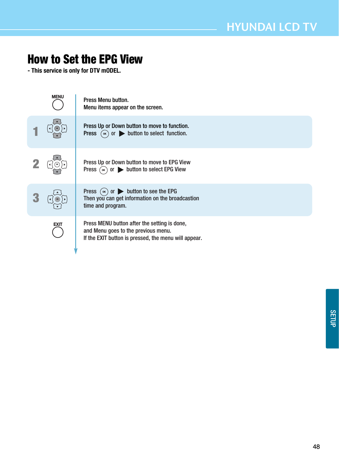 48HYUNDAI LCD TV3How to Set the EPG View - This service is only for DTV mODEL.OK21OKOKPress Menu button.Menu items appear on the screen.Press Up or Down button to move to function.Press or          button to select  function.Press Up or Down button to move to EPG ViewPress or          button to select EPG ViewPress   or          button to see the EPGThen you can get information on the broadcastiontime and program.Press MENU button after the setting is done, and Menu goes to the previous menu.If the EXIT button is pressed, the menu will appear.MENUOKOKOKEXITSETUP