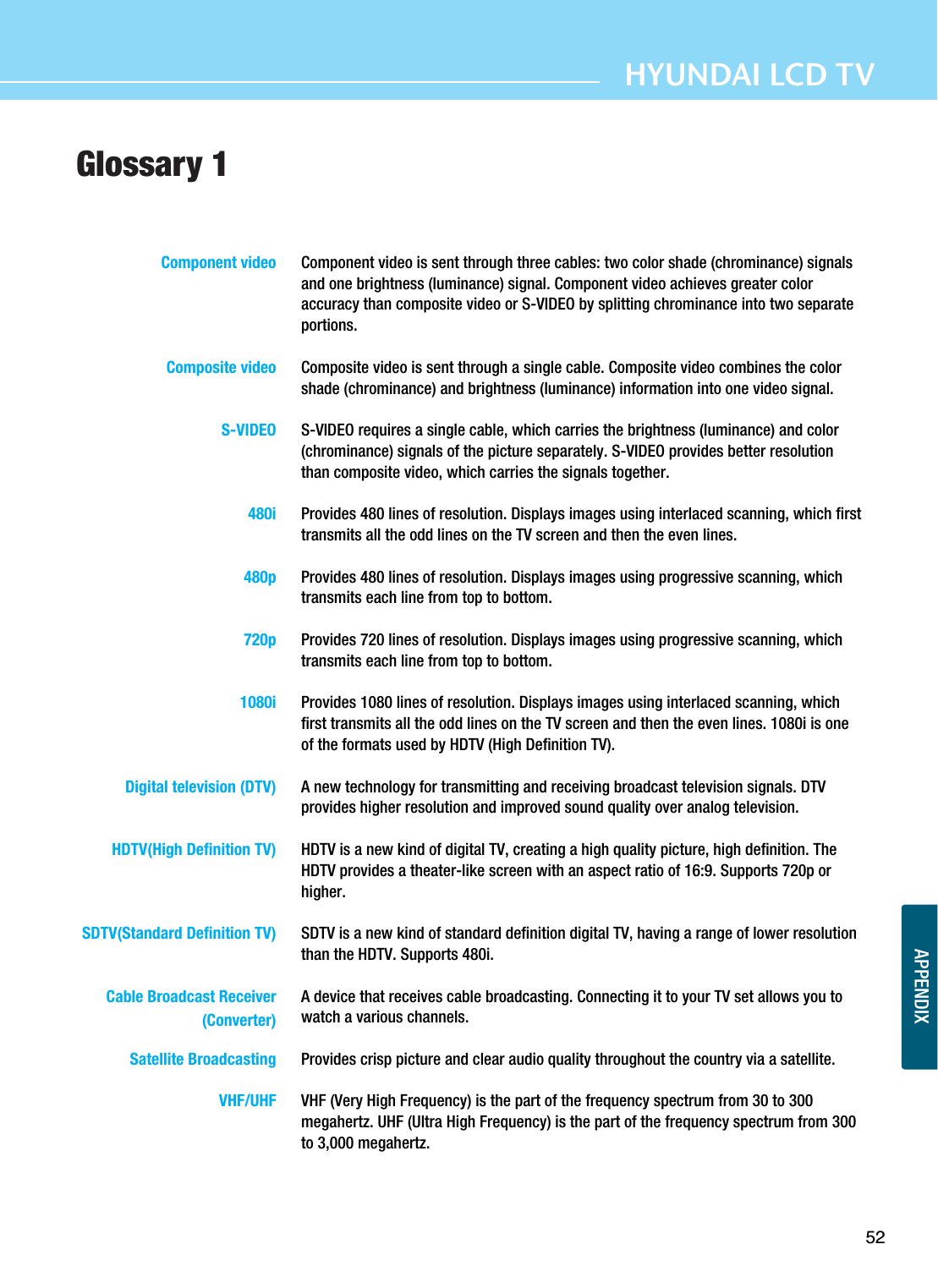 APPENDIX52HYUNDAI LCD TVGlossary 1Component video Component video is sent through three cables: two color shade (chrominance) signalsand one brightness (luminance) signal. Component video achieves greater coloraccuracy than composite video or S-VIDEO by splitting chrominance into two separateportions.Composite video Composite video is sent through a single cable. Composite video combines the colorshade (chrominance) and brightness (luminance) information into one video signal.S-VIDEO S-VIDEO requires a single cable, which carries the brightness (luminance) and color(chrominance) signals of the picture separately. S-VIDEO provides better resolutionthan composite video, which carries the signals together.480i Provides 480 lines of resolution. Displays images using interlaced scanning, which firsttransmits all the odd lines on the TV screen and then the even lines.480p Provides 480 lines of resolution. Displays images using progressive scanning, whichtransmits each line from top to bottom.720p Provides 720 lines of resolution. Displays images using progressive scanning, whichtransmits each line from top to bottom.1080i Provides 1080 lines of resolution. Displays images using interlaced scanning, whichfirst transmits all the odd lines on the TV screen and then the even lines. 1080i is oneof the formats used by HDTV (High Definition TV).Digital television (DTV) A new technology for transmitting and receiving broadcast television signals. DTVprovides higher resolution and improved sound quality over analog television.HDTV(High Definition TV) HDTV is a new kind of digital TV, creating a high quality picture, high definition. TheHDTV provides a theater-like screen with an aspect ratio of 16:9. Supports 720p orhigher.SDTV(Standard Definition TV) SDTV is a new kind of standard definition digital TV, having a range of lower resolutionthan the HDTV. Supports 480i.Cable Broadcast Receiver A device that receives cable broadcasting. Connecting it to your TV set allows you towatch a various channels. (Converter)Satellite Broadcasting Provides crisp picture and clear audio quality throughout the country via a satellite. VHF/UHF VHF (Very High Frequency) is the part of the frequency spectrum from 30 to 300megahertz. UHF (Ultra High Frequency) is the part of the frequency spectrum from 300to 3,000 megahertz.