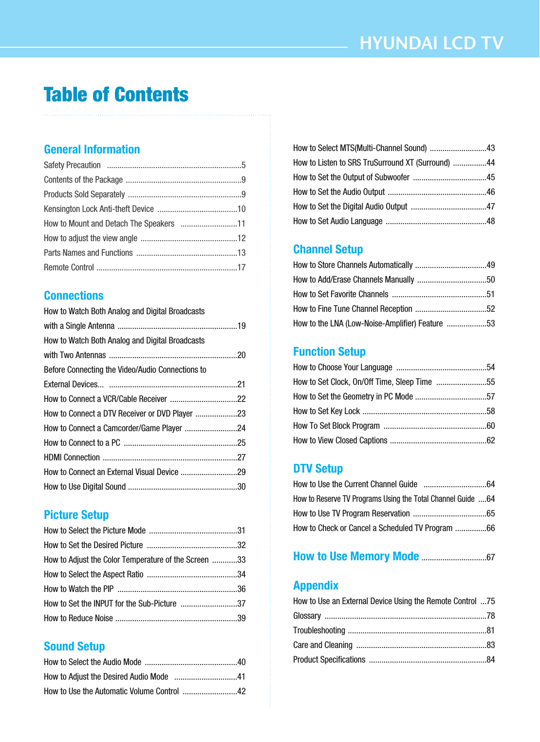 HYUNDAI LCD TVTable of ContentsGeneral InformationSafety Precaution   ................................................................5Contents of the Package .......................................................9Products Sold Separately ......................................................9Kensington Lock Anti-theft Device  ......................................10How to Mount and Detach The Speakers   ...........................11How to adjust the view angle  ..............................................12Parts Names and Functions  ................................................13Remote Control ...................................................................17Connections How to Watch Both Analog and Digital Broadcastswith a Single Antenna .........................................................19How to Watch Both Analog and Digital Broadcastswith Two Antennas  .............................................................20Before Connecting the Video/Audio Connections toExternal Devices...  .............................................................21How to Connect a VCR/Cable Receiver  ................................22How to Connect a DTV Receiver or DVD Player ....................23How to Connect a Camcorder/Game Player .........................24How to Connect to a PC  ......................................................25HDMI Connection ................................................................27How to Connect an External Visual Device ...........................29How to Use Digital Sound ....................................................30Picture SetupHow to Select the Picture Mode  ..........................................31How to Set the Desired Picture  ...........................................32How to Adjust the Color Temperature of the Screen  ............33How to Select the Aspect Ratio  ...........................................34How to Watch the PIP  .........................................................36How to Set the INPUT for the Sub-Picture  ...........................37How to Reduce Noise ..........................................................39Sound SetupHow to Select the Audio Mode  ............................................40How to Adjust the Desired Audio Mode   ..............................41How to Use the Automatic Volume Control  ..........................42How to Select MTS(Multi-Channel Sound) ...........................43How to Listen to SRS TruSurround XT (Surround) ................44How to Set the Output of Subwoofer  ...................................45How to Set the Audio Output ...............................................46How to Set the Digital Audio Output  ....................................47How to Set Audio Language ................................................48Channel SetupHow to Store Channels Automatically ..................................49How to Add/Erase Channels Manually .................................50How to Set Favorite Channels  .............................................51How to Fine Tune Channel Reception ..................................52How to the LNA (Low-Noise-Amplifier) Feature  ...................53Function SetupHow to Choose Your Language  ...........................................54How to Set Clock, On/Off Time, Sleep Time  ........................55How to Set the Geometry in PC Mode ..................................57How to Set Key Lock ...........................................................58How To Set Block Program  .................................................60How to View Closed Captions ..............................................62DTV SetupHow to Use the Current Channel Guide   ..............................64How to Reserve TV Programs Using the Total Channel Guide....64How to Use TV Program Reservation  ...................................65How to Check or Cancel a Scheduled TV Program ...............66How to Use Memory Mode...............................67AppendixHow to Use an External Device Using the Remote Control  ...75Glossary .............................................................................78Troubleshooting ..................................................................81Care and Cleaning  ..............................................................83Product Specifications  ........................................................84