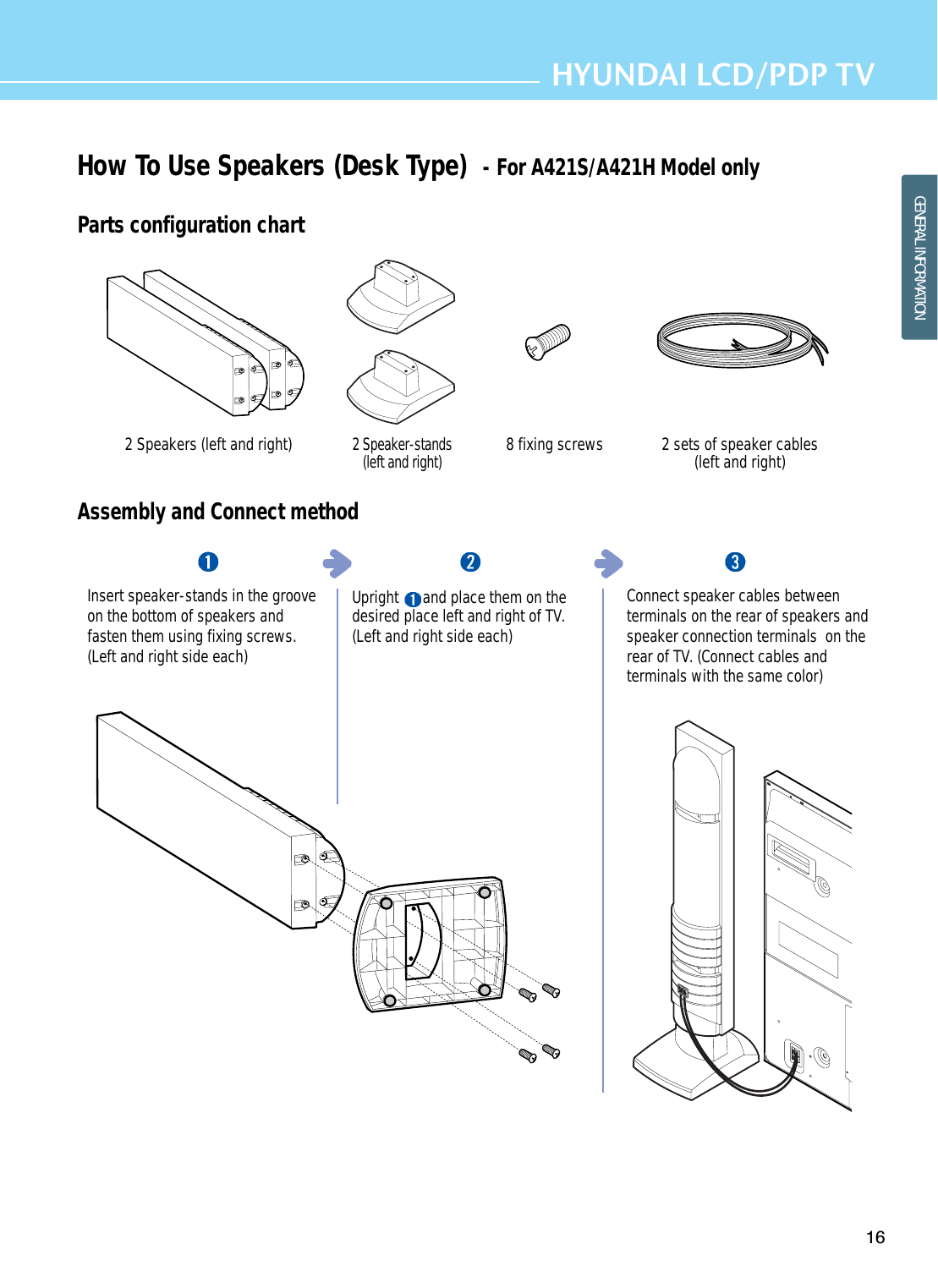 16HYUNDAI LCD/PDP TVGENERAL INFORMATIONHow To Use Speakers (Desk Type)  - For A421S/A421H Model onlyParts configuration chartAssembly and Connect method2 Speakers (left and right)2 Speaker-stands (left and right)8 fixing screws 2 sets of speaker cables(left and right)Insert speaker-stands in the grooveon the bottom of speakers andfasten them using fixing screws. (Left and right side each)Upright  and place them on thedesired place left and right of TV.(Left and right side each)Connect speaker cables betweenterminals on the rear of speakers andspeaker connection terminals  on therear of TV. (Connect cables andterminals with the same color)