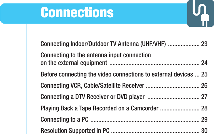 Connecting Indoor/Outdoor TV Antenna (UHF/VHF) .................... 23Connecting to the antenna input connectionon the external equipment ......................................................... 24Before connecting the video connections to external devices ... 25Connecting VCR, Cable/Satellite Receiver .................................. 26Connecting a DTV Receiver or DVD player  ................................. 27Playing Back a Tape Recorded on a Camcorder ......................... 28Connecting to a PC ..................................................................... 29Resolution Supported in PC ........................................................ 30ConnectionsHYUNDAI WIDE LCD TV