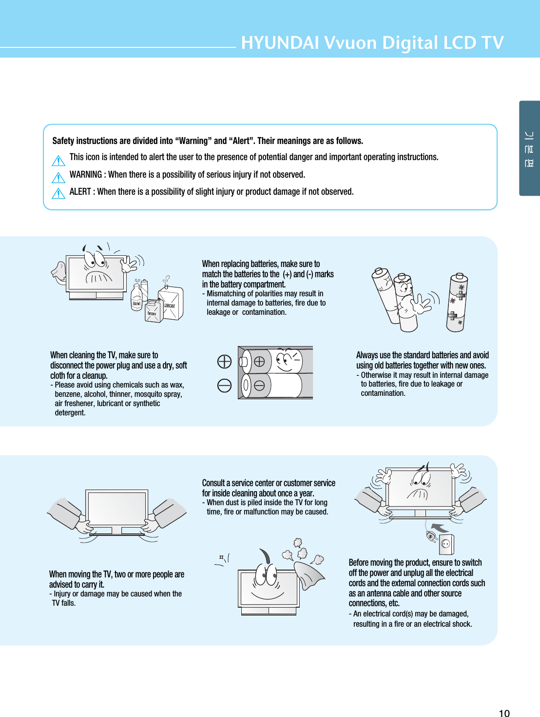 10HYUNDAI Vvuon Digital LCD TVWhen cleaning the TV, make sure todisconnect the power plug and use a dry, softcloth for a cleanup.- Please avoid using chemicals such as wax,benzene, alcohol, thinner, mosquito spray,air freshener, lubricant or syntheticdetergent.When replacing batteries, make sure tomatch the batteries to the  (+) and (-) marksin the battery compartment.- Mismatching of polarities may result ininternal damage to batteries, fire due toleakage or  contamination.Always use the standard batteries and avoidusing old batteries together with new ones.- Otherwise it may result in internal damageto batteries, fire due to leakage orcontamination.When moving the TV, two or more people areadvised to carry it.- Injury or damage may be caused when theTV falls.Before moving the product, ensure to switchoff the power and unplug all the electricalcords and the external connection cords suchas an antenna cable and other sourceconnections, etc.- An electrical cord(s) may be damaged,resulting in a fire or an electrical shock.Consult a service center or customer servicefor inside cleaning about once a year.- When dust is piled inside the TV for longtime, fire or malfunction may be caused.Safety instructions are divided into “Warning” and “Alert”. Their meanings are as follows.This icon is intended to alert the user to the presence of potential danger and important operating instructions.WARNING : When there is a possibility of serious injury if not observed.ALERT : When there is a possibility of slight injury or product damage if not observed.