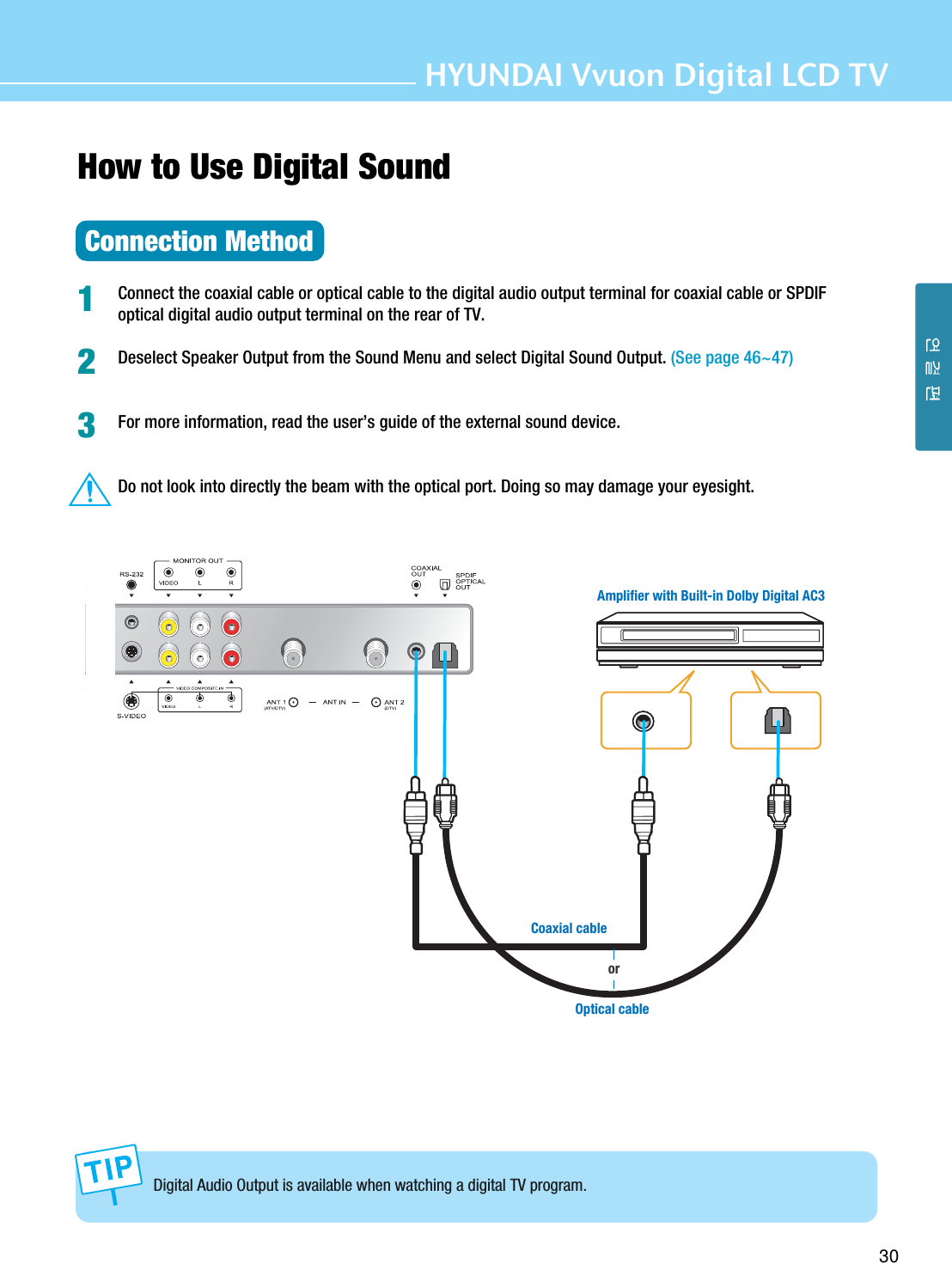 30HYUNDAI Vvuon Digital LCD TVHow to Use Digital SoundConnection MethodConnect the coaxial cable or optical cable to the digital audio output terminal for coaxial cable or SPDIFoptical digital audio output terminal on the rear of TV.Deselect Speaker Output from the Sound Menu and select Digital Sound Output. (See page 46~47)For more information, read the user’s guide of the external sound device.Do not look into directly the beam with the optical port. Doing so may damage your eyesight.123Coaxial cableorOptical cableAmplifier with Built-in Dolby Digital AC3Digital Audio Output is available when watching a digital TV program.