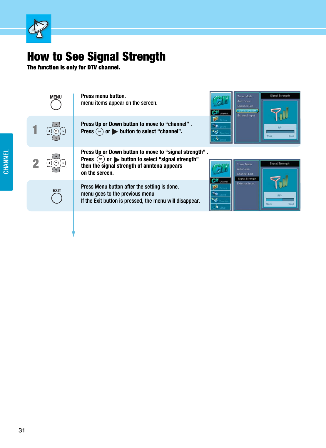 31CHANNELHow to See Signal StrengthThe function is only for DTV channel.12OKOKPress menu button.menu items appear on the screen.Press Up or Down button to move to “channel” .Press  or       button to select “channel”.Press Up or Down button to move to “signal strength” .Press  or       button to select “signal strength”then the signal strength of anntena appears on the screen.Press Menu button after the setting is done.menu goes to the previous menuIf the Exit button is pressed, the menu will disappear.MENUEXITOKOK