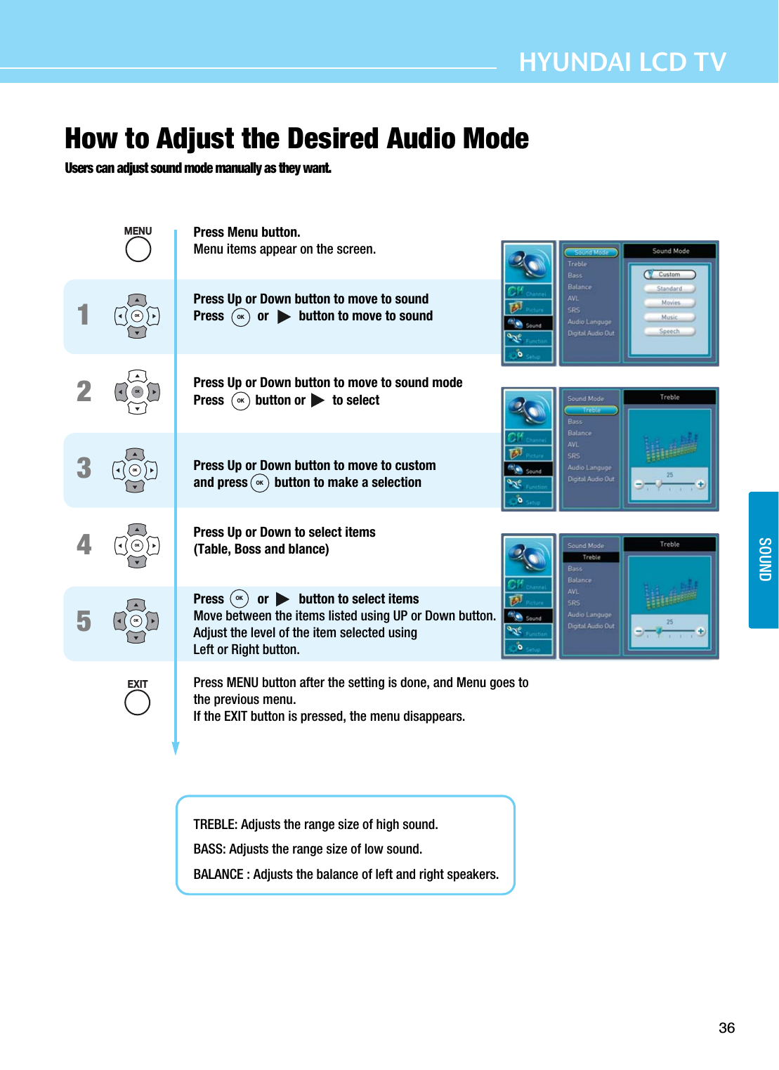 36HYUNDAI LCD TVHow to Adjust the Desired Audio Mode Users can adjust sound mode manually as they want.Press Menu button.Menu items appear on the screen.Press Up or Down button to move to soundPress          or         button to move to soundPress Up or Down button to move to sound modePress  button or        to selectPress Up or Down button to move to customand press        button to make a selectionPress Up or Down to select items(Table, Boss and blance)Press          or         button to select itemsMove between the items listed using UP or Down button. Adjust the level of the item selected using Left or Right button.Press MENU button after the setting is done, and Menu goes tothe previous menu.If the EXIT button is pressed, the menu disappears.TREBLE: Adjusts the range size of high sound.BASS: Adjusts the range size of low sound. BALANCE : Adjusts the balance of left and right speakers.12345OKOKOKOKOKMENUEXITOKOKOKOKSOUND