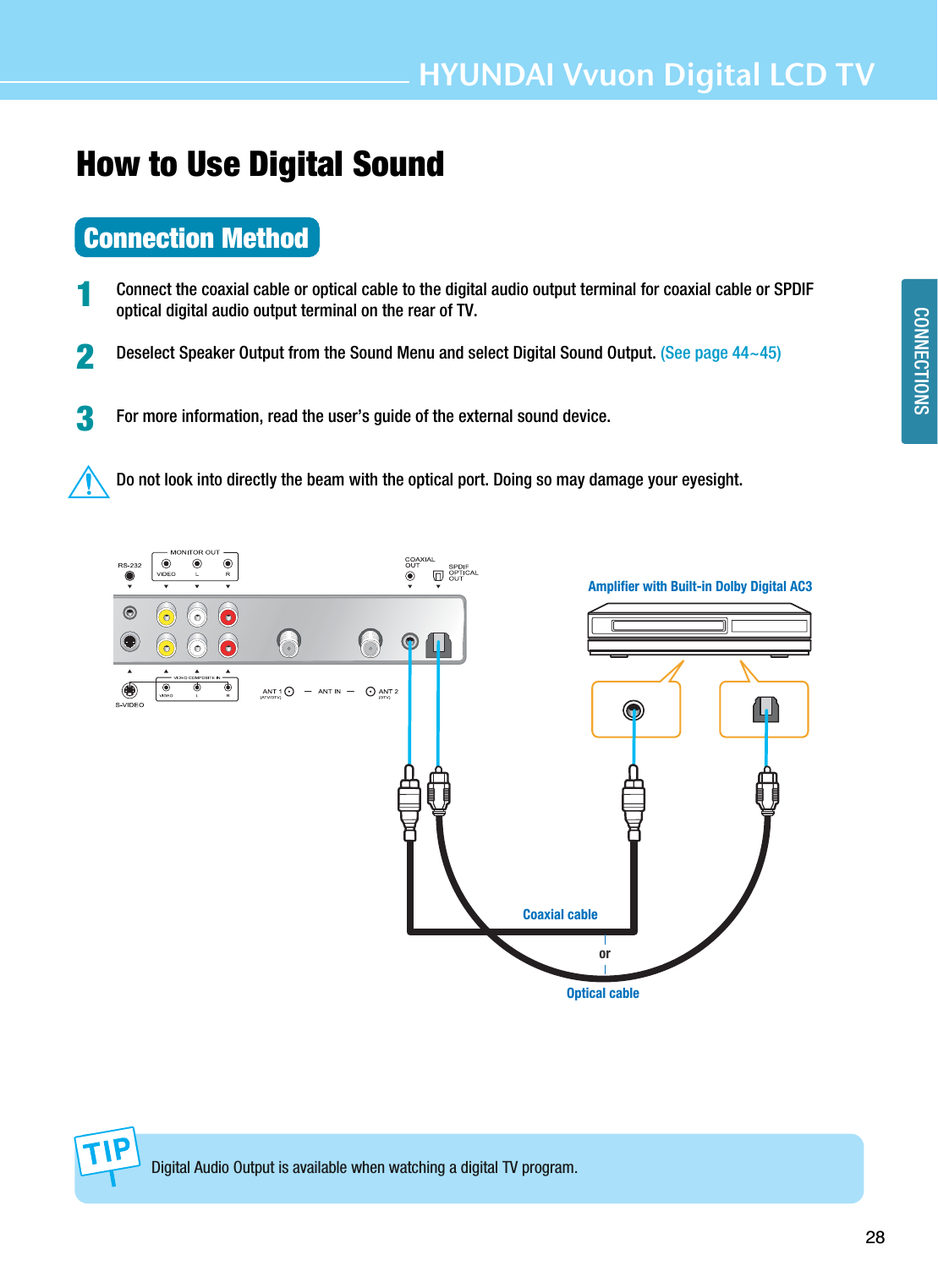 28CONNECTIONSHYUNDAI Vvuon Digital LCD TVHow to Use Digital SoundConnection MethodConnect the coaxial cable or optical cable to the digital audio output terminal for coaxial cable or SPDIFoptical digital audio output terminal on the rear of TV.Deselect Speaker Output from the Sound Menu and select Digital Sound Output. (See page 44~45)For more information, read the user’s guide of the external sound device.Do not look into directly the beam with the optical port. Doing so may damage your eyesight.123Coaxial cableorOptical cableAmplifier with Built-in Dolby Digital AC3Digital Audio Output is available when watching a digital TV program.