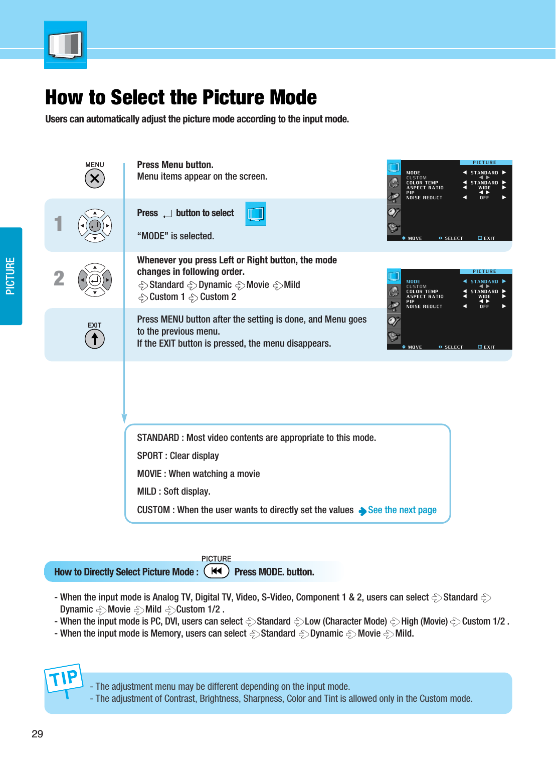 PICTURE2912How to Select the Picture ModeUsers can automatically adjust the picture mode according to the input mode.How to Directly Select Picture Mode :                Press MODE. button.- When the input mode is Analog TV, Digital TV, Video, S-Video, Component 1 &amp; 2, users can select  Standard Dynamic  Movie  Mild  Custom 1/2 .- When the input mode is PC, DVI, users can select  Standard  Low (Character Mode)  High (Movie)  Custom 1/2 .- When the input mode is Memory, users can select Standard  Dynamic  Movie  Mild.Press Menu button.Menu items appear on the screen.Press   button to select “MODE” is selected.Whenever you press Left or Right button, the modechanges in following order.Standard  Dynamic  Movie  Mild Custom 1  Custom 2   Press MENU button after the setting is done, and Menu goes to the previous menu.If the EXIT button is pressed, the menu disappears.STANDARD : Most video contents are appropriate to this mode. SPORT : Clear display MOVIE : When watching a movieMILD : Soft display.CUSTOM : When the user wants to directly set the values  See the next page- The adjustment menu may be different depending on the input mode.- The adjustment of Contrast, Brightness, Sharpness, Color and Tint is allowed only in the Custom mode.