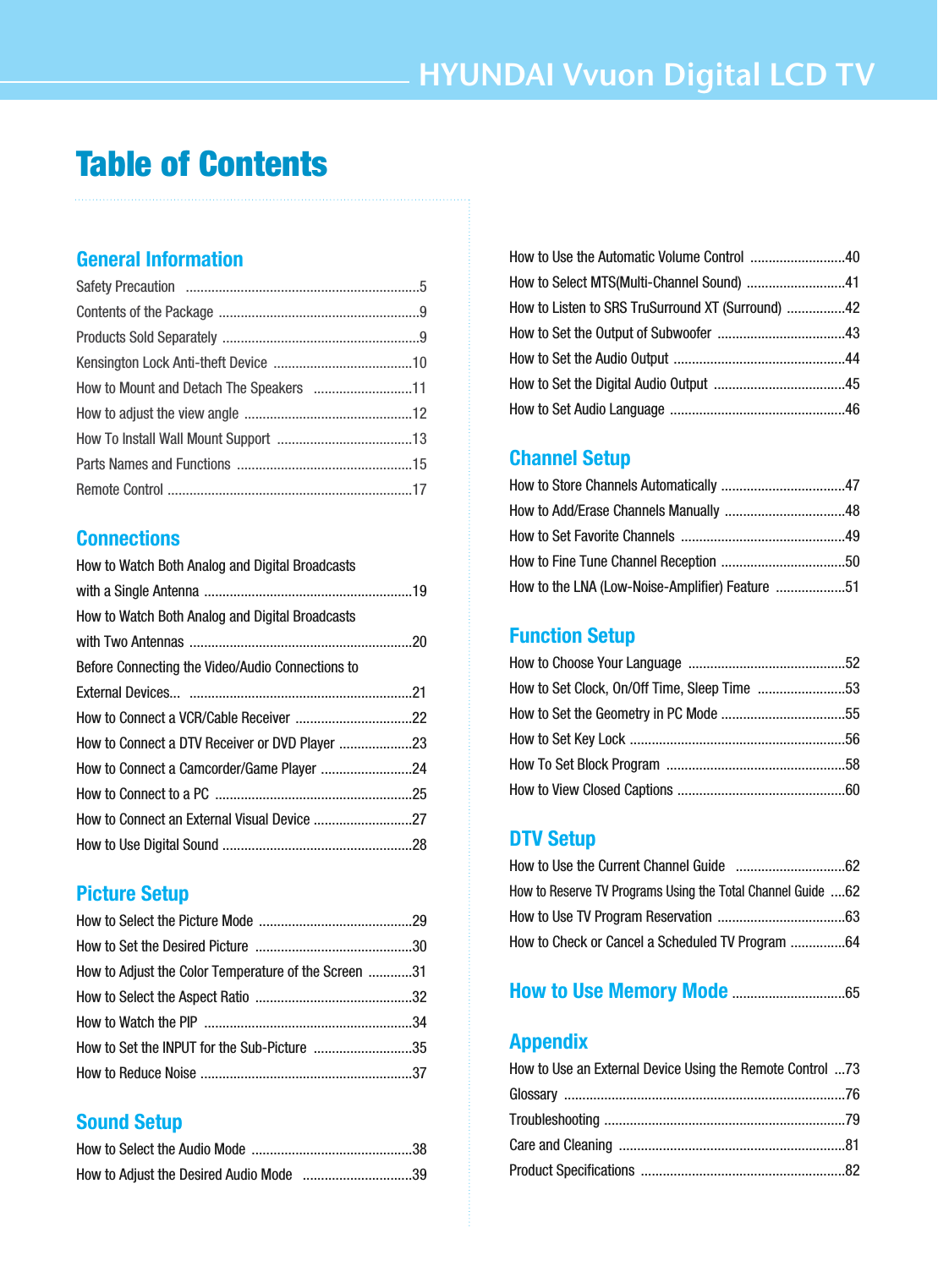 HYUNDAI Vvuon Digital LCD TVTable of ContentsGeneral InformationSafety Precaution   ................................................................5Contents of the Package .......................................................9Products Sold Separately ......................................................9Kensington Lock Anti-theft Device  ......................................10How to Mount and Detach The Speakers   ...........................11How to adjust the view angle  ..............................................12How To Install Wall Mount Support  .....................................13Parts Names and Functions  ................................................15Remote Control ...................................................................17Connections How to Watch Both Analog and Digital Broadcastswith a Single Antenna .........................................................19How to Watch Both Analog and Digital Broadcastswith Two Antennas  .............................................................20Before Connecting the Video/Audio Connections toExternal Devices...  .............................................................21How to Connect a VCR/Cable Receiver  ................................22How to Connect a DTV Receiver or DVD Player ....................23How to Connect a Camcorder/Game Player .........................24How to Connect to a PC  ......................................................25How to Connect an External Visual Device ...........................27How to Use Digital Sound ....................................................28Picture SetupHow to Select the Picture Mode  ..........................................29How to Set the Desired Picture  ...........................................30How to Adjust the Color Temperature of the Screen  ............31How to Select the Aspect Ratio  ...........................................32How to Watch the PIP  .........................................................34How to Set the INPUT for the Sub-Picture  ...........................35How to Reduce Noise ..........................................................37Sound SetupHow to Select the Audio Mode  ............................................38How to Adjust the Desired Audio Mode   ..............................39How to Use the Automatic Volume Control  ..........................40How to Select MTS(Multi-Channel Sound) ...........................41How to Listen to SRS TruSurround XT (Surround) ................42How to Set the Output of Subwoofer  ...................................43How to Set the Audio Output ...............................................44How to Set the Digital Audio Output  ....................................45How to Set Audio Language ................................................46Channel SetupHow to Store Channels Automatically ..................................47How to Add/Erase Channels Manually .................................48How to Set Favorite Channels  .............................................49How to Fine Tune Channel Reception ..................................50How to the LNA (Low-Noise-Amplifier) Feature  ...................51Function SetupHow to Choose Your Language  ...........................................52How to Set Clock, On/Off Time, Sleep Time  ........................53How to Set the Geometry in PC Mode ..................................55How to Set Key Lock ...........................................................56How To Set Block Program  .................................................58How to View Closed Captions ..............................................60DTV SetupHow to Use the Current Channel Guide   ..............................62How to Reserve TV Programs Using the Total Channel Guide....62How to Use TV Program Reservation  ...................................63How to Check or Cancel a Scheduled TV Program ...............64How to Use Memory Mode...............................65AppendixHow to Use an External Device Using the Remote Control  ...73Glossary .............................................................................76Troubleshooting ..................................................................79Care and Cleaning  ..............................................................81Product Specifications  ........................................................82
