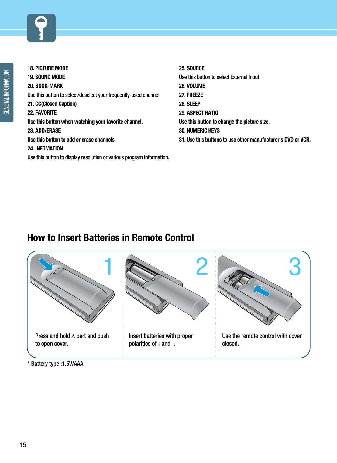 15GENERAL INFORMATION18. PICTURE MODE19. SOUND MODE20. BOOK-MARKUse this button to select/deselect your frequently-used channel.21. CC(Closed Caption)22. FAVORITE Use this button when watching your favorite channel.23. ADD/ERASEUse this button to add or erase channels.24. INFOMATIONUse this button to display resolution or various program information.25. SOURCEUse this button to select External Input 26. VOLUME27. FREEZE28. SLEEP29. ASPECT RATIOUse this button to change the picture size.30. NUMERIC KEYS31. Use this buttons to use other manufacturer’s DVD or VCR.How to Insert Batteries in Remote Control * Battery type :1.5V/AAAPress and hold Δpart and pushto open cover. Insert batteries with properpolarities of +and -.Use the remote control with coverclosed.