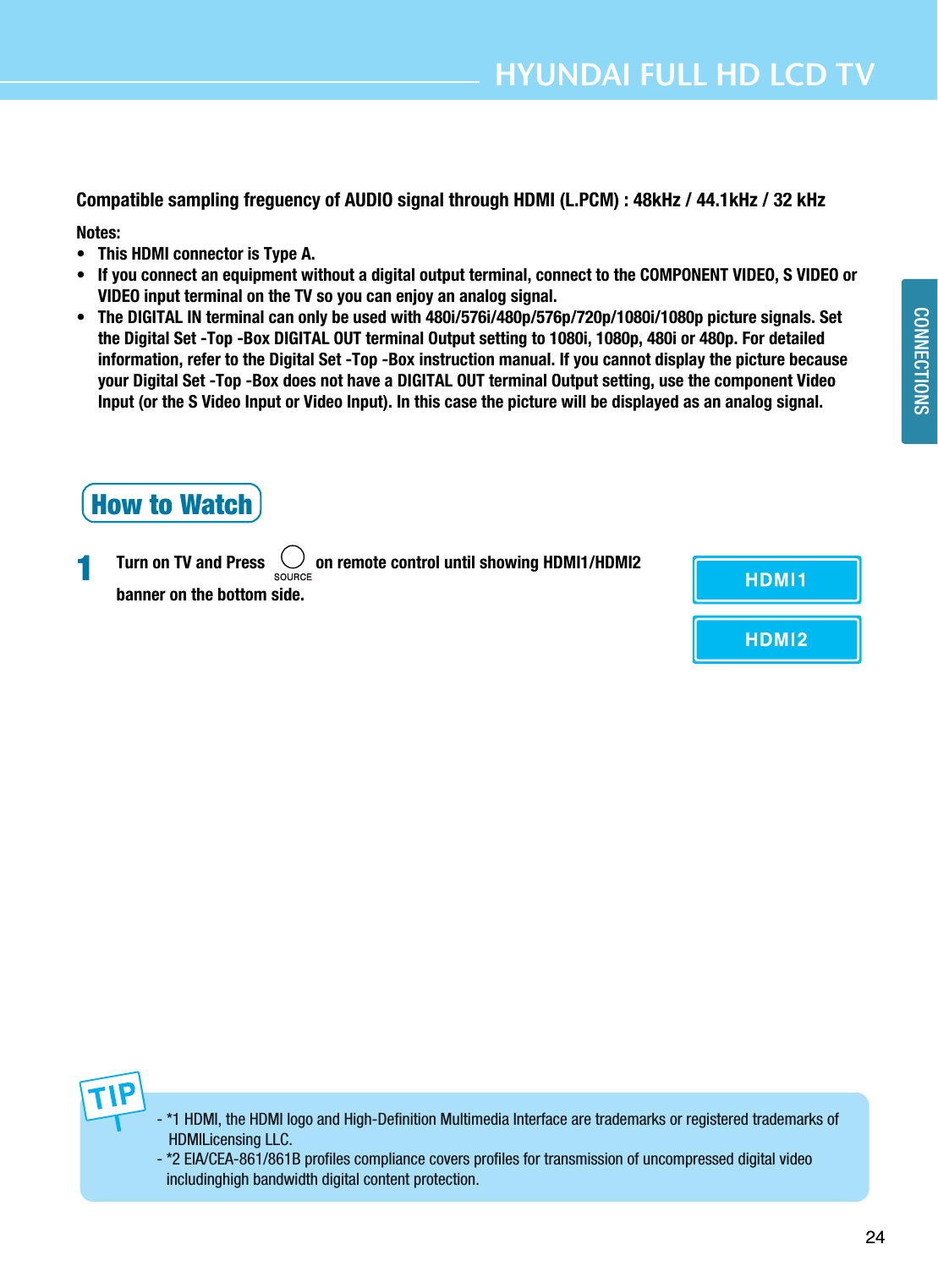 24CONNECTIONSHYUNDAI FULL HD LCD TVCompatible sampling freguency of AUDIO signal through HDMI (L.PCM) : 48kHz / 44.1kHz / 32 kHzNotes:•   This HDMI connector is Type A.•   If you connect an equipment without a digital output terminal, connect to the COMPONENT VIDEO, S VIDEO orVIDEO input terminal on the TV so you can enjoy an analog signal.•   The DIGITAL IN terminal can only be used with 480i/576i/480p/576p/720p/1080i/1080p picture signals. Setthe Digital Set -Top -Box DIGITAL OUT terminal Output setting to 1080i, 1080p, 480i or 480p. For detailedinformation, refer to the Digital Set -Top -Box instruction manual. If you cannot display the picture becauseyour Digital Set -Top -Box does not have a DIGITAL OUT terminal Output setting, use the component VideoInput (or the S Video Input or Video Input). In this case the picture will be displayed as an analog signal.How to WatchTurn on TV and Press            on remote control until showing HDMI1/HDMI2banner on the bottom side.- *1 HDMI, the HDMI logo and High-Definition Multimedia Interface are trademarks or registered trademarks of HDMILicensing LLC.- *2 EIA/CEA-861/861B profiles compliance covers profiles for transmission of uncompressed digital videoincludinghigh bandwidth digital content protection.1