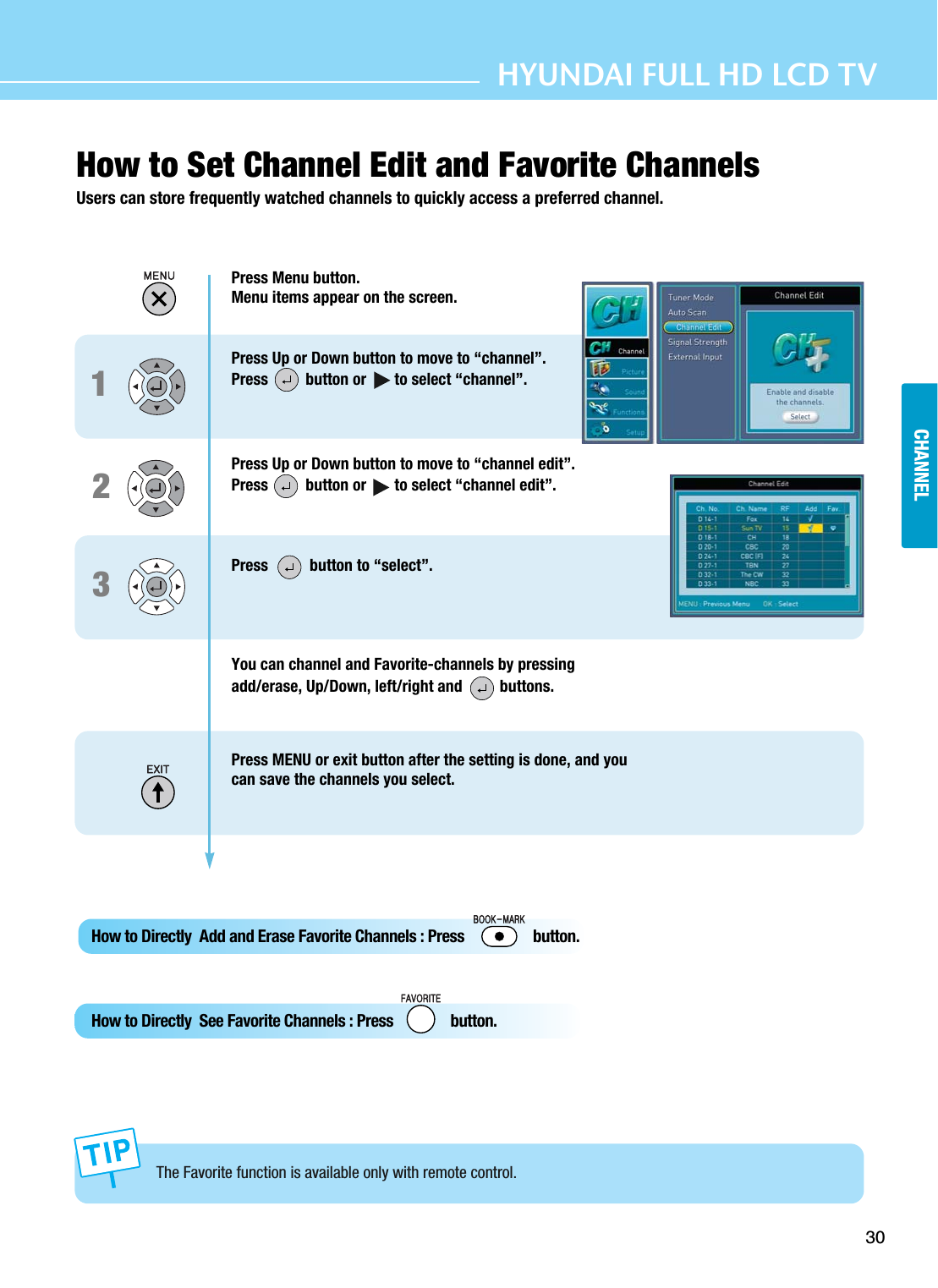 30HYUNDAI FULL HD LCD TVCHANNELCHANNELThe Favorite function is available only with remote control.123Press Menu button.Menu items appear on the screen.Press Up or Down button to move to “channel”.Press  button or       to select “channel”.Press Up or Down button to move to “channel edit”.Press button or       to select “channel edit”.Press  button to “select”.You can channel and Favorite-channels by pressing add/erase, Up/Down, left/right and  buttons.Press MENU or exit button after the setting is done, and youcan save the channels you select.How to Set Channel Edit and Favorite ChannelsUsers can store frequently watched channels to quickly access a preferred channel.How to Directly  Add and Erase Favorite Channels : Press                  button.How to Directly  See Favorite Channels : Press               button.