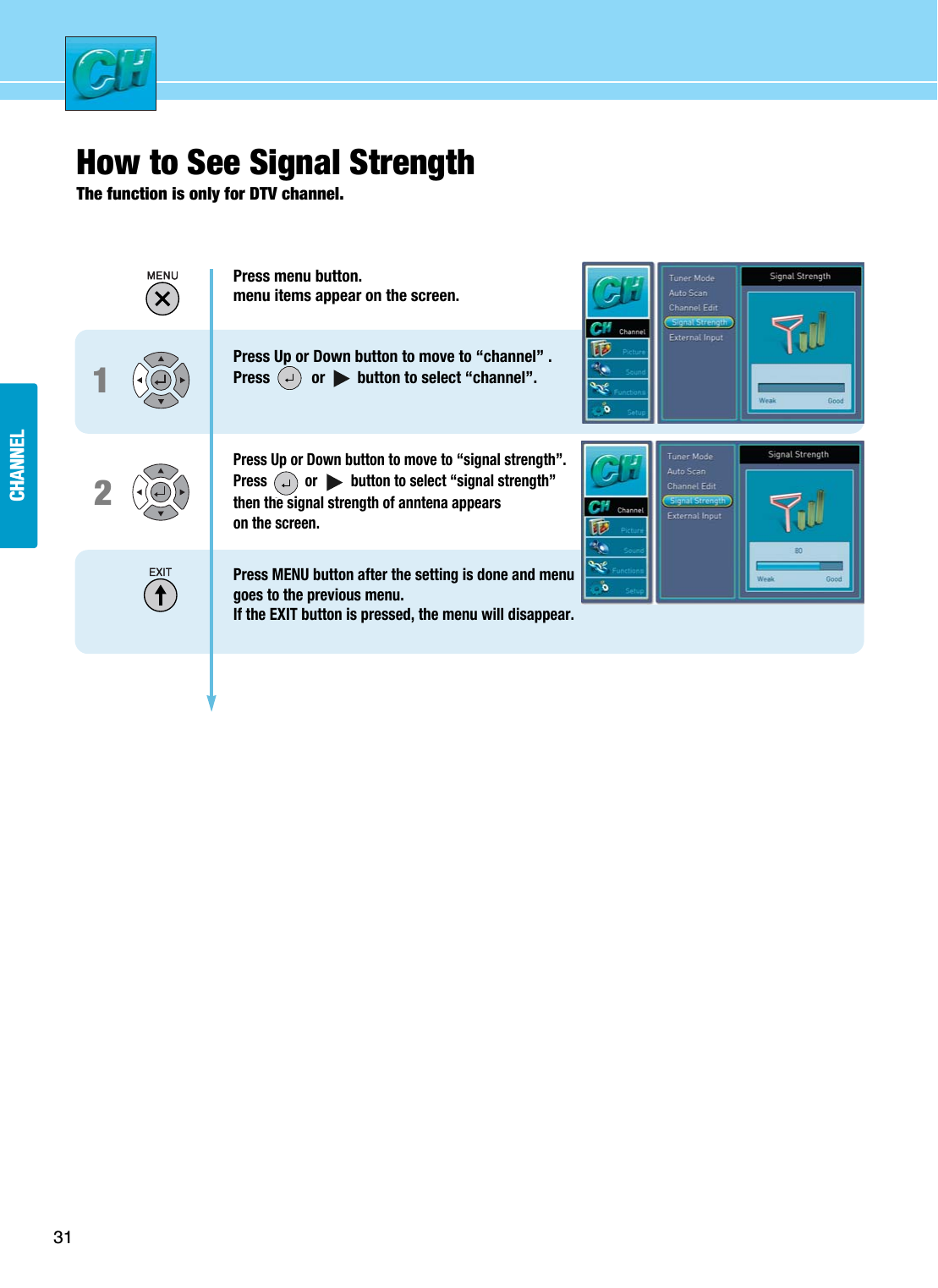 31CHANNELCHANNELHow to See Signal StrengthThe function is only for DTV channel.12Press menu button.menu items appear on the screen.Press Up or Down button to move to “channel” .Press  or        button to select “channel”.Press Up or Down button to move to “signal strength”.Press  or         button to select “signal strength”then the signal strength of anntena appears on the screen.Press MENU button after the setting is done and menugoes to the previous menu.If the EXIT button is pressed, the menu will disappear.