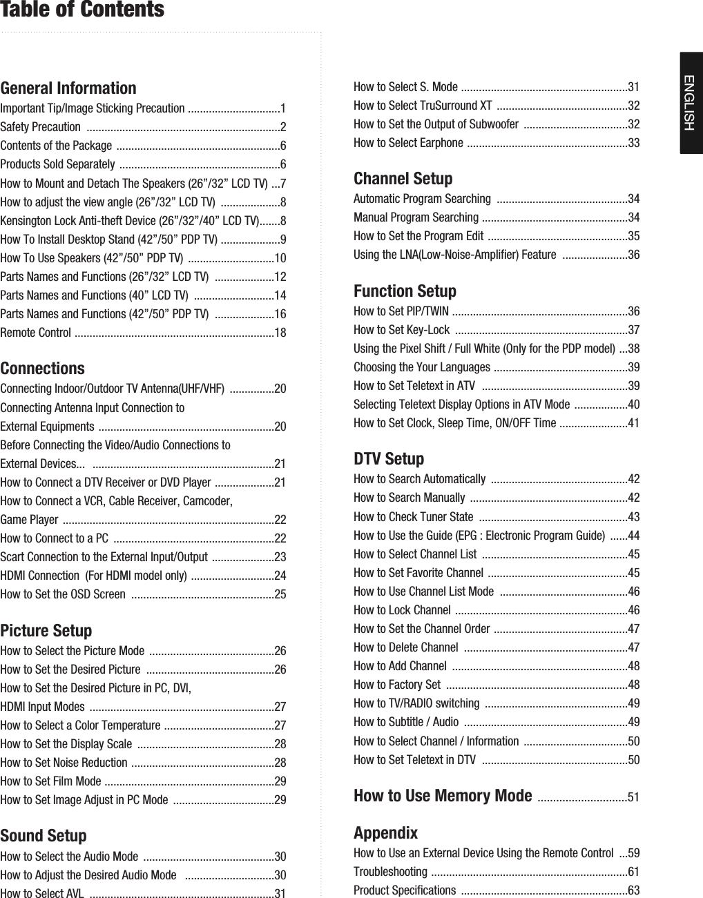 ENGLISHTable of ContentsGeneral InformationImportant Tip/Image Sticking Precaution ...............................1Safety Precaution  .................................................................2Contents of the Package .......................................................6Products Sold Separately ......................................................6How to Mount and Detach The Speakers (26”/32” LCD TV) ...7How to adjust the view angle (26”/32” LCD TV)  ....................8Kensington Lock Anti-theft Device (26”/32”/40” LCD TV).......8How To Install Desktop Stand (42”/50” PDP TV) ....................9How To Use Speakers (42”/50” PDP TV)  .............................10Parts Names and Functions (26”/32” LCD TV)  ....................12Parts Names and Functions (40” LCD TV)  ...........................14Parts Names and Functions (42”/50” PDP TV)  ....................16Remote Control ...................................................................18Connections Connecting Indoor/Outdoor TV Antenna(UHF/VHF)  ...............20Connecting Antenna Input Connection toExternal Equipments ...........................................................20Before Connecting the Video/Audio Connections toExternal Devices...  .............................................................21How to Connect a DTV Receiver or DVD Player ....................21How to Connect a VCR, Cable Receiver, Camcoder,Game Player  .......................................................................22How to Connect to a PC  ......................................................22Scart Connection to the External Input/Output .....................23HDMI Connection  (For HDMI model only) ............................24How to Set the OSD Screen  ................................................25Picture SetupHow to Select the Picture Mode  ..........................................26How to Set the Desired Picture  ...........................................26How to Set the Desired Picture in PC, DVI,HDMI Input Modes  ..............................................................27How to Select a Color Temperature .....................................27How to Set the Display Scale  ..............................................28How to Set Noise Reduction ................................................28How to Set Film Mode .........................................................29How to Set Image Adjust in PC Mode  ..................................29Sound SetupHow to Select the Audio Mode  ............................................30How to Adjust the Desired Audio Mode   ..............................30How to Select AVL  ..............................................................31How to Select S. Mode ........................................................31How to Select TruSurround XT  ............................................32How to Set the Output of Subwoofer  ...................................32How to Select Earphone ......................................................33Channel SetupAutomatic Program Searching  ............................................34Manual Program Searching .................................................34How to Set the Program Edit ...............................................35Using the LNA(Low-Noise-Amplifier) Feature  ......................36Function SetupHow to Set PIP/TWIN ...........................................................36How to Set Key-Lock  ..........................................................37Using the Pixel Shift / Full White (Only for the PDP model) ...38Choosing the Your Languages .............................................39How to Set Teletext in ATV  .................................................39Selecting Teletext Display Options in ATV Mode ..................40How to Set Clock, Sleep Time, ON/OFF Time .......................41DTV SetupHow to Search Automatically  ..............................................42How to Search Manually  .....................................................42How to Check Tuner State  ..................................................43How to Use the Guide (EPG : Electronic Program Guide)  ......44How to Select Channel List  .................................................45How to Set Favorite Channel ...............................................45How to Use Channel List Mode  ...........................................46How to Lock Channel ..........................................................46How to Set the Channel Order .............................................47How to Delete Channel  .......................................................47How to Add Channel  ...........................................................48How to Factory Set  .............................................................48How to TV/RADIO switching  ................................................49How to Subtitle / Audio  .......................................................49How to Select Channel / Information  ...................................50How to Set Teletext in DTV  .................................................50How to Use Memory Mode .............................51AppendixHow to Use an External Device Using the Remote Control  ...59Troubleshooting ..................................................................61Product Specifications  ........................................................63