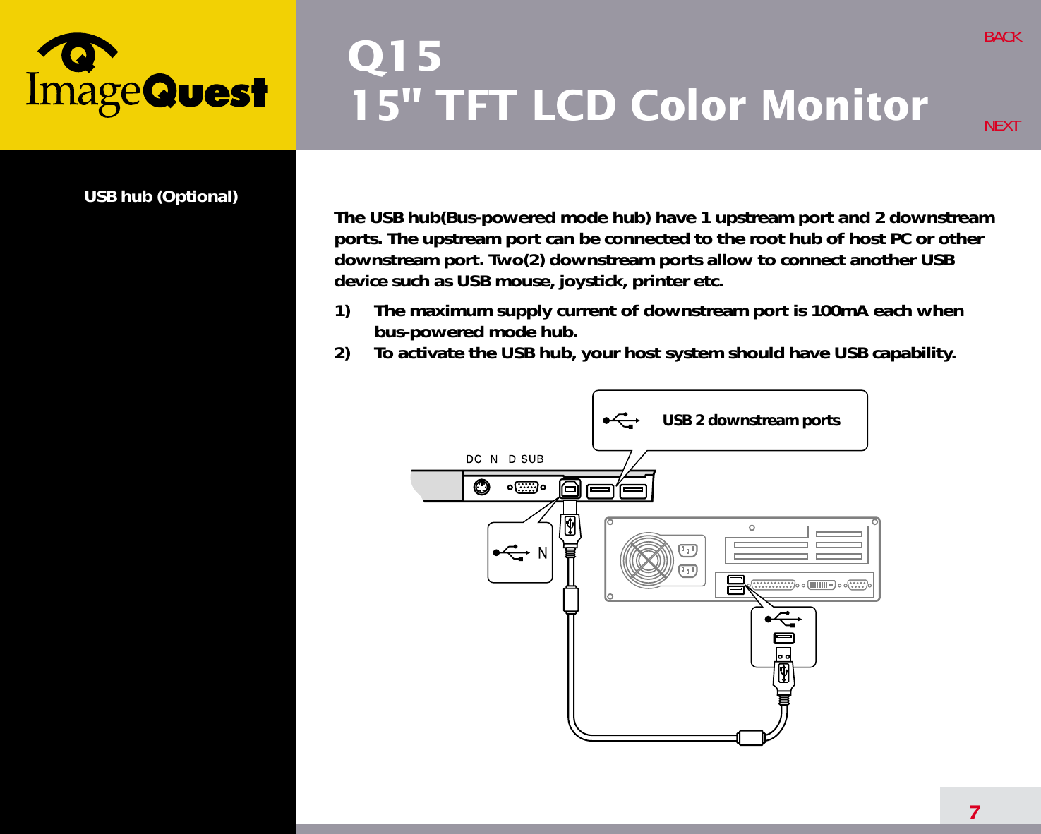 Q1515&quot; TFT LCD Color MonitorUSB hub (Optional)The USB hub(Bus-powered mode hub) have 1 upstream port and 2 downstreamports. The upstream port can be connected to the root hub of host PC or otherdownstream port. Two(2) downstream ports allow to connect another USBdevice such as USB mouse, joystick, printer etc.1)     The maximum supply current of downstream port is 100mA each whenbus-powered mode hub.2)     To activate the USB hub, your host system should have USB capability.7BACKNEXTUSB 2 downstream ports