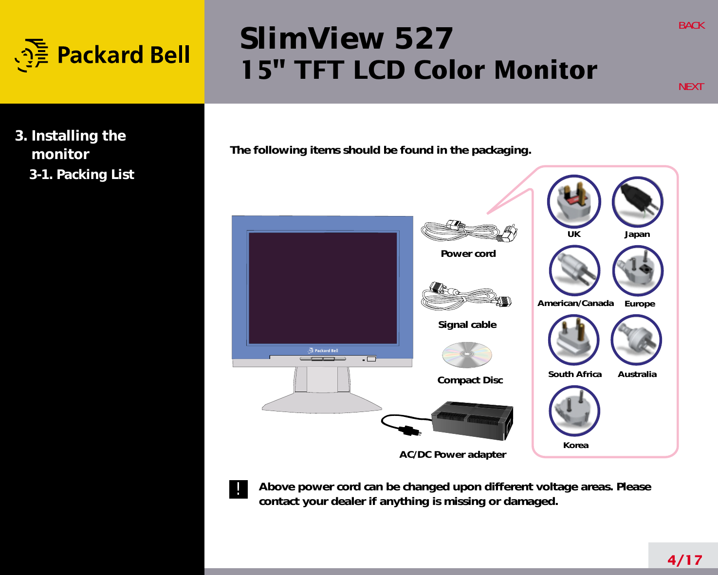 SlimView 52715&quot; TFT LCD Color Monitor4/17BACKNEXTThe following items should be found in the packaging.Above power cord can be changed upon different voltage areas. Pleasecontact your dealer if anything is missing or damaged.3. Installing the monitor3-1. Packing List!UKAmerican/CanadaJapanAustraliaKoreaEuropeSouth AfricaPower cordSignal cableAC/DC Power adapterCompact Disc