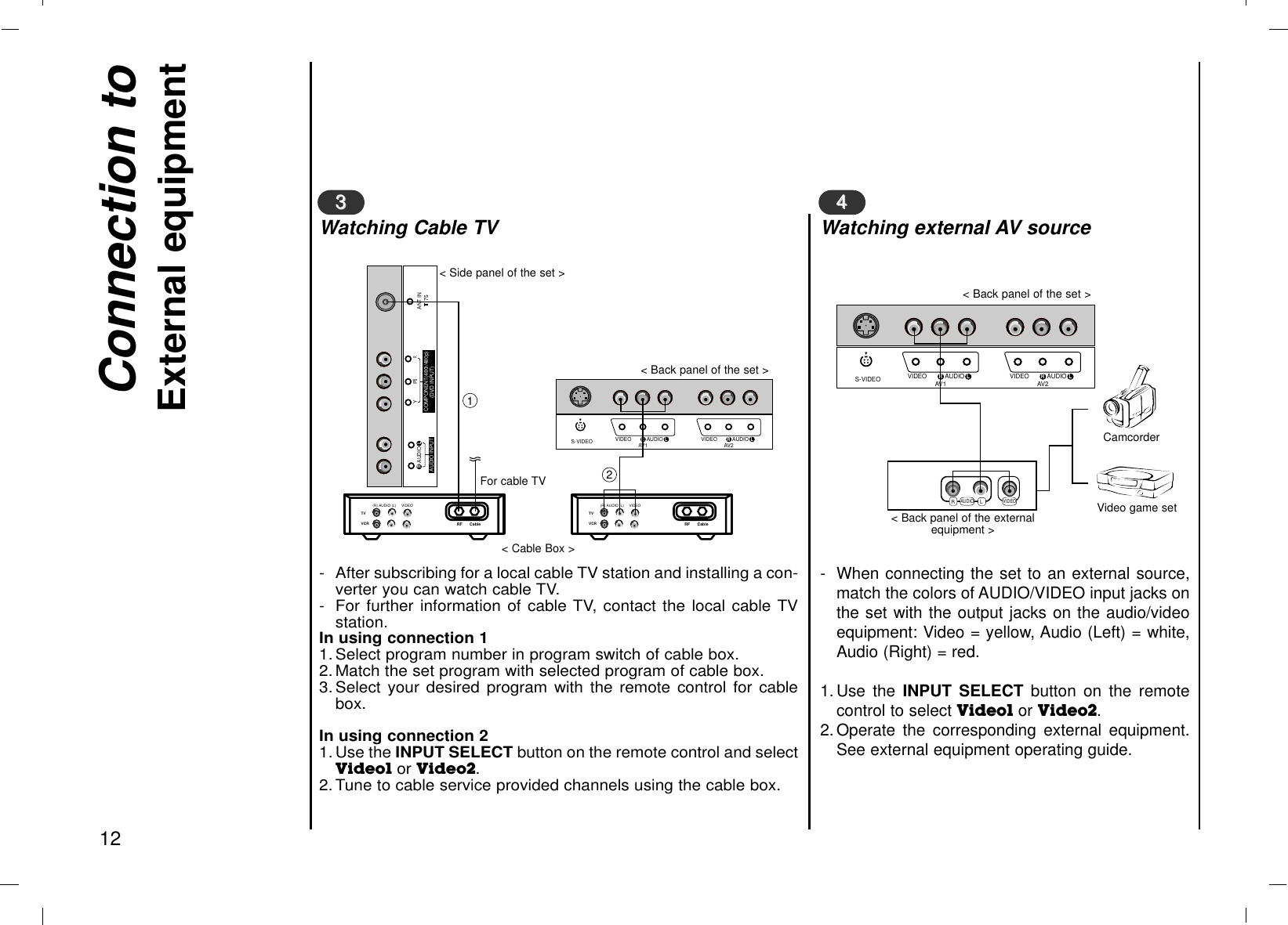 Connection toExternal equipment12- After subscribing for a local cable TV station and installing a con-verter you can watch cable TV.- For further information of cable TV, contact the local cable TVstation.In using connection 11. Select program number in program switch of cable box. 2. Match the set program with selected program of cable box.3. Select your desired program with the remote control for cablebox.In using connection 21. Use the INPUT SELECT button on the remote control and selectVideo1 or Video2.2. Tune to cable service provided channels using the cable box.CableTV (R) AUDIO (L) VIDEOVCR RF CableTV (R) AUDIO (L) VIDEOVCR RFS-VIDEO VIDEO AV1AUDIOR LVIDEO AV2AUDIOR LAUDIOR LAUDIO INPUTYPBANT IN75RCOMPONENT(480i/480p)(DVD INPUT)Watching Cable TV33- When connecting the set to an external source,match the colors of AUDIO/VIDEO input jacks onthe set with the output jacks on the audio/videoequipment: Video = yellow, Audio (Left) = white,Audio (Right) = red.1. Use the INPUT SELECT button on the remotecontrol to select Video1 or Video2.2. Operate the corresponding external equipment.See external equipment operating guide.S-VIDEO VIDEO AV1AUDIOR LVIDEO AV2AUDIOR LRLAUDIO VIDEOWatching external AV source44&lt; Side panel of the set &gt;For cable TV&lt; Cable Box &gt;&lt; Back panel of the set &gt;&lt; Back panel of the set &gt;CamcorderVideo game set&lt; Back panel of the externalequipment &gt;12