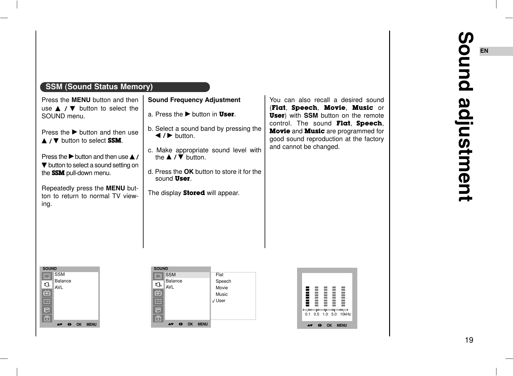 Sound Frequency Adjustmenta. Press the GGbutton in User.b. Select a sound band by pressing theFF  / GG  button.c. Make appropriate sound level withthe DD  / EE  button.d. Press the OK button to store it for thesound User.The display Stored will appear.Press the MENU button and thenuse  DD  /  EE  button to select theSOUND menu.Press the GGbutton and then useDD  / EE  button to select SSM.Press the GGbutton and then use DD  /EEbutton to select a sound setting onthe SSM pull-down menu.Repeatedly press the MENU but-ton to return to normal TV view-ing.Sound adjustment19ENSSM (Sound Status Memory)You can also recall a desired sound(Flat,Speech, Movie, Music orUser) with SSM button on the remotecontrol.  The sound Flat,Speech,Movie and Music are programmed forgood sound reproduction at the factoryand cannot be changed.SOUND()OO}{OOOKOOMENUSSMBalanceAVL()OO}{OOOKOOMENU0.1   0.5   1.0   5.0   10kHzSOUND()OO}{OOOKOOMENUFlatSpeechMovieMusicUserSSMBalanceAVLSSM