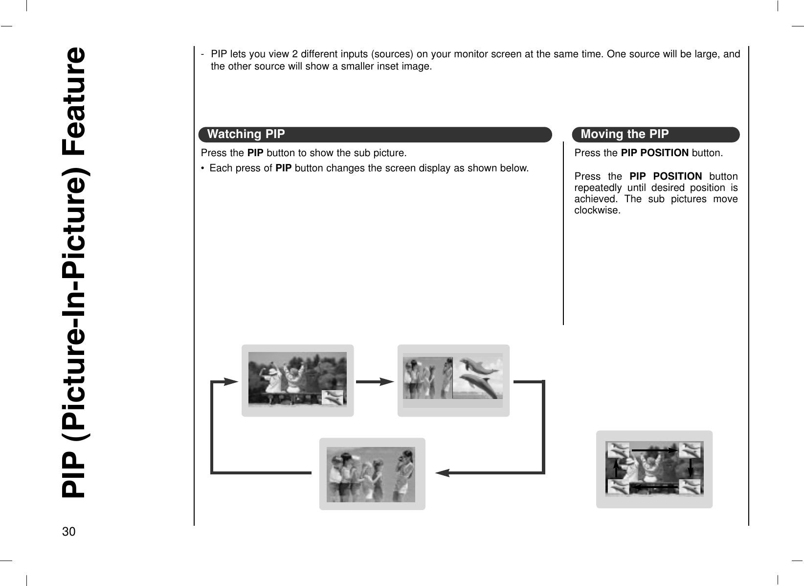 30PIP (Picture-In-Picture) FeaturePress the PIP button to show the sub picture.• Each press of PIP button changes the screen display as shown below.Watching PIPPress the PIP POSITION button. Press the PIP POSITION buttonrepeatedly until desired position isachieved. The sub pictures moveclockwise.Moving the PIP- PIP lets you view 2 different inputs (sources) on your monitor screen at the same time. One source will be large, andthe other source will show a smaller inset image.
