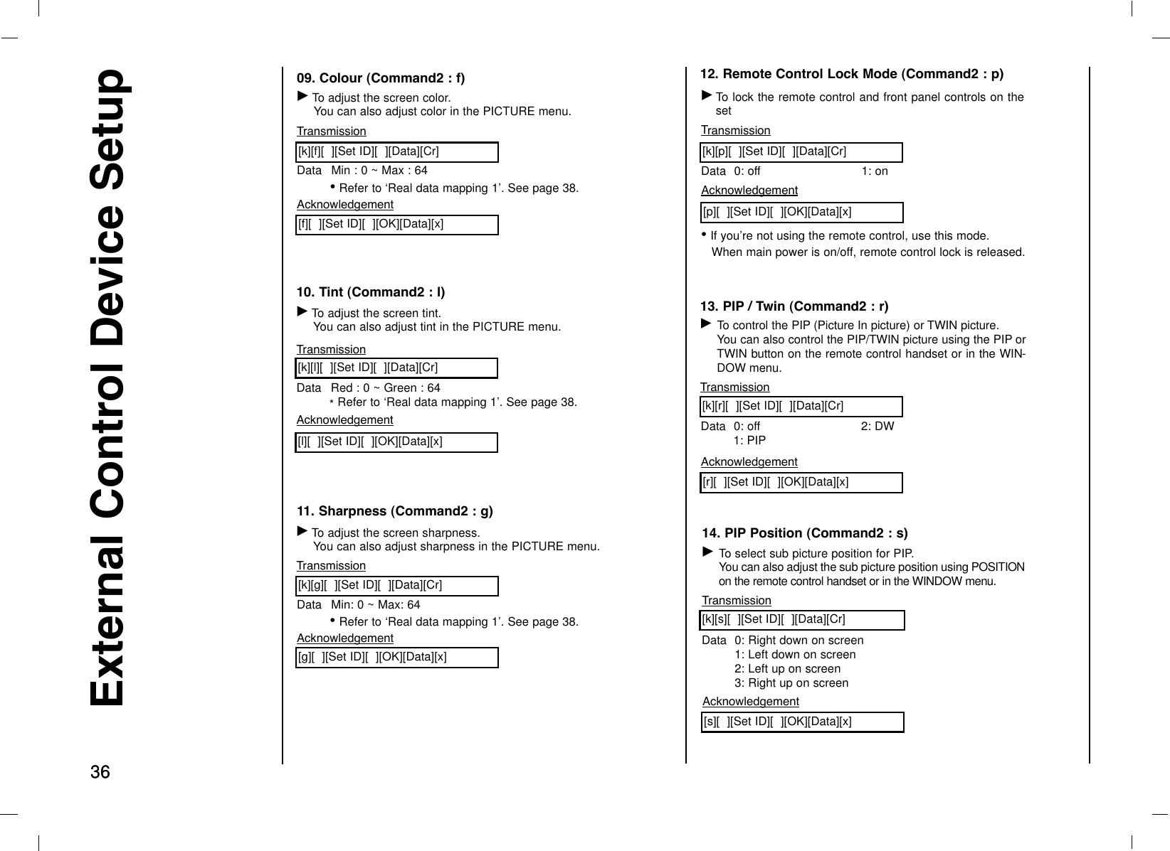 363614. PIP Position (Command2 : s)GTo select sub picture position for PIP. You can also adjust the sub picture position using POSITIONon the remote control handset or in the WINDOW menu.TransmissionData 0: Right down on screen1: Left down on screen2: Left up on screen3: Right up on screen[k][s][  ][Set ID][  ][Data][Cr]Acknowledgement[s][  ][Set ID][  ][OK][Data][x]External Control Device SetupGTo adjust the screen sharpness.You can also adjust sharpness in the PICTURE menu.Transmission11. Sharpness (Command2 : g)Data Min: 0 ~ Max: 64•Refer to ‘Real data mapping 1’. See page 38.[k][g][  ][Set ID][  ][Data][Cr]Acknowledgement[g][  ][Set ID][  ][OK][Data][x]09. Colour (Command2 : f)GTo adjust the screen color.You can also adjust color in the PICTURE menu.TransmissionData Min : 0 ~ Max : 64•Refer to ‘Real data mapping 1’. See page 38.[k][f][  ][Set ID][  ][Data][Cr]Acknowledgement[f][  ][Set ID][  ][OK][Data][x]10. Tint (Command2 : l)GTo adjust the screen tint.You can also adjust tint in the PICTURE menu.TransmissionData Red : 0 ~ Green : 64* Refer to ‘Real data mapping 1’. See page 38.[k][l][  ][Set ID][  ][Data][Cr]Acknowledgement[l][  ][Set ID][  ][OK][Data][x]12. Remote Control Lock Mode (Command2 : p)GTo lock the remote control and front panel controls on thesetTransmission[k][p][  ][Set ID][  ][Data][Cr]AcknowledgementData 0: off 1: on•If you’re not using the remote control, use this mode.When main power is on/off, remote control lock is released.[p][  ][Set ID][  ][OK][Data][x]13. PIP / Twin (Command2 : r)GTo control the PIP (Picture In picture) or TWIN picture. You can also control the PIP/TWIN picture using the PIP orTWIN button on the remote control handset or in the WIN-DOW menu.TransmissionData 0: off1: PIP 2: DW[k][r][  ][Set ID][  ][Data][Cr]Acknowledgement[r][  ][Set ID][  ][OK][Data][x]