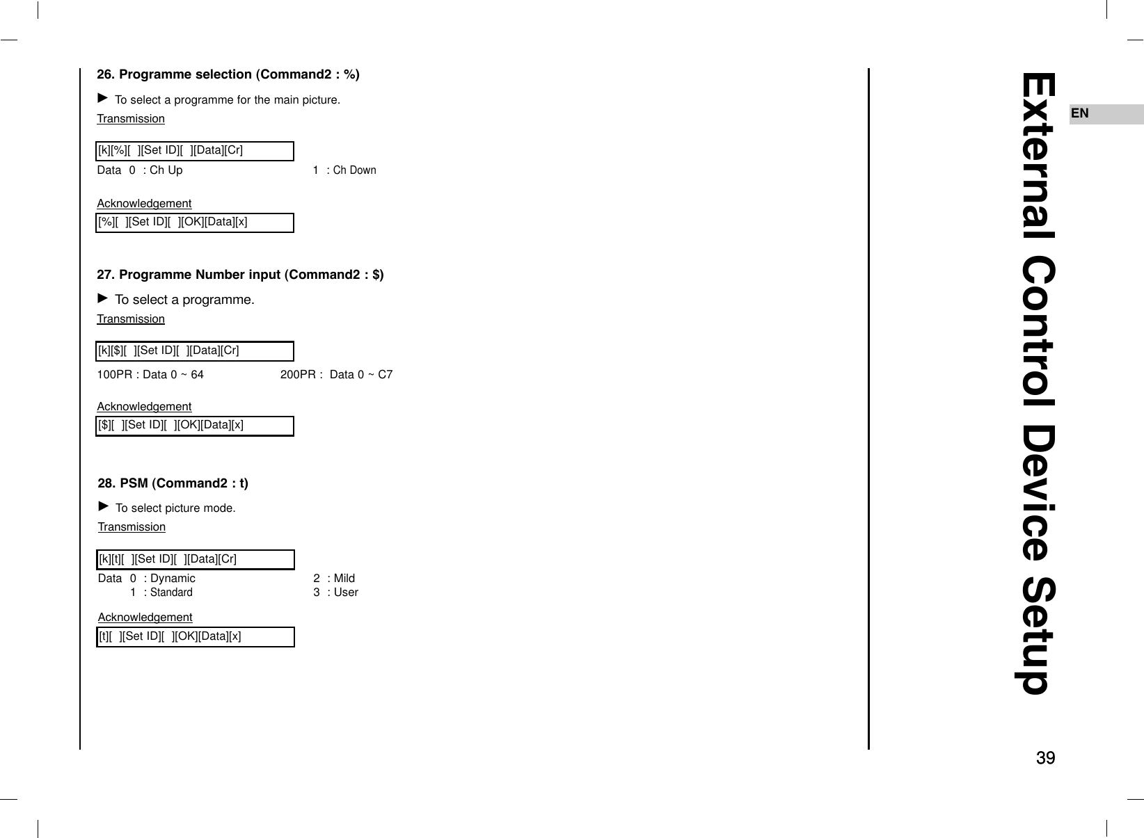 3939ENExternal Control Device Setup27. Programme Number input (Command2 : $)G To select a programme.Transmission100PR : Data 0 ~ 64 200PR :  Data 0 ~ C7[k][$][  ][Set ID][  ][Data][Cr]Acknowledgement[$][  ][Set ID][  ][OK][Data][x]28. PSM (Command2 : t)G To select picture mode.TransmissionData 0  : Dynamic1  : Standard2  : Mild3 : User[k][t][  ][Set ID][  ][Data][Cr]Acknowledgement[t][  ][Set ID][  ][OK][Data][x]26. Programme selection (Command2 : %)G To select a programme for the main picture.TransmissionData 0  : Ch Up 1  : Ch Down[k][%][  ][Set ID][  ][Data][Cr]Acknowledgement[%][  ][Set ID][  ][OK][Data][x]