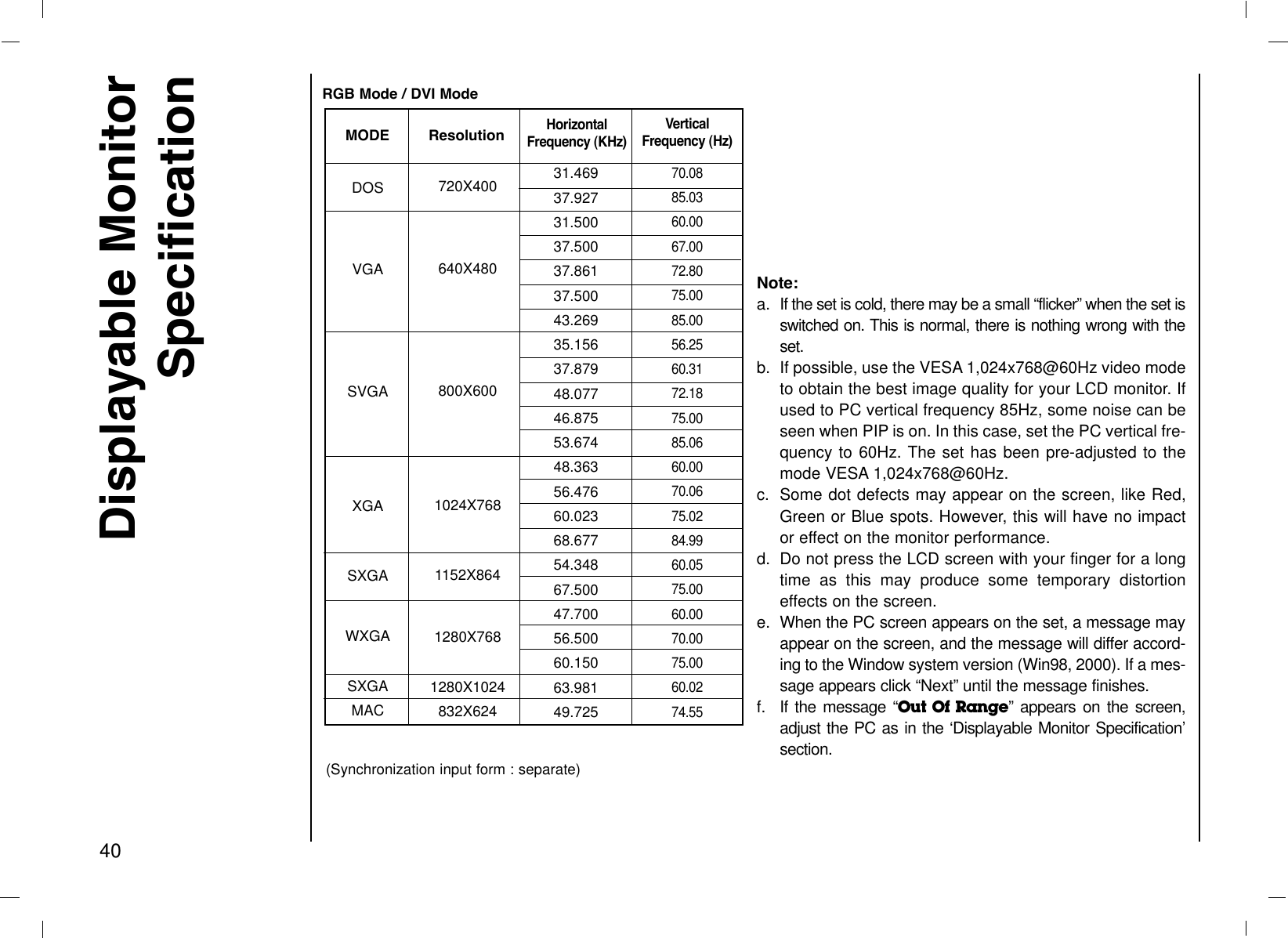 40Displayable MonitorSpecificationNote:a. If the set is cold, there may be a small “flicker” when the set isswitched on. This is normal, there is nothing wrong with theset.b. If possible, use the VESA 1,024x768@60Hz video modeto obtain the best image quality for your LCD monitor. Ifused to PC vertical frequency 85Hz, some noise can beseen when PIP is on. In this case, set the PC vertical fre-quency to 60Hz. The set has been pre-adjusted to themode VESA 1,024x768@60Hz.c. Some dot defects may appear on the screen, like Red,Green or Blue spots. However, this will have no impactor effect on the monitor performance.d. Do not press the LCD screen with your finger for a longtime as this may produce some temporary distortioneffects on the screen.e. When the PC screen appears on the set, a message mayappear on the screen, and the message will differ accord-ing to the Window system version (Win98, 2000). If a mes-sage appears click “Next” until the message finishes.f. If the message “Out Of Range” appears on the screen,adjust the PC as in the ‘Displayable Monitor Specification’section.RGB Mode / DVI ModeResolution31.46937.92731.50037.50037.86137.50043.26935.15637.87948.07746.87553.67448.36356.47660.02368.67754.34867.50047.70056.50060.15063.98149.725720X400640X480800X6001024X7681152X8641280X7681280X1024832X624MODEDOSVGASVGAXGASXGAWXGASXGAMACHorizontalFrequency (KHz)70.0885.0360.0067.0072.8075.0085.0056.2560.3172.1875.0085.0660.0070.0675.0284.9960.0575.0060.0070.0075.0060.0274.55VerticalFrequency (Hz)(Synchronization input form : separate)