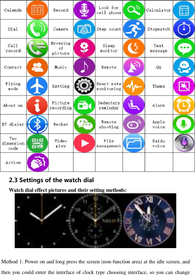  2.3 Settings of the watch dial   Watch dial effect pictures and their setting methods:   Method 1: Power on and long press the screen (non-function area) at the idle screen, and then you could enter the interface of clock type choosing interface, so you can change 