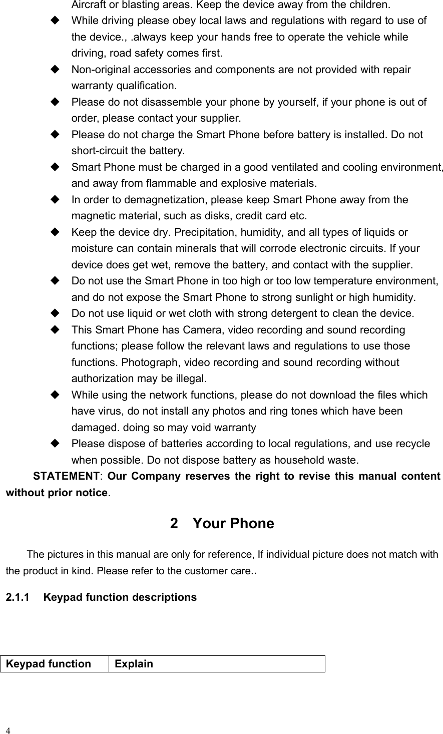 4Aircraft or blasting areas. Keep the device away from the children.While driving please obey local laws and regulations with regard to use ofthe device., .always keep your hands free to operate the vehicle whiledriving, road safety comes first.Non-original accessories and components are not provided with repairwarranty qualification.Please do not disassemble your phone by yourself, if your phone is out oforder, please contact your supplier.Please do not charge the Smart Phone before battery is installed. Do notshort-circuit the battery.Smart Phone must be charged in a good ventilated and cooling environment,and away from flammable and explosive materials.In order to demagnetization, please keep Smart Phone away from themagnetic material, such as disks, credit card etc.Keep the device dry. Precipitation, humidity, and all types of liquids ormoisture can contain minerals that will corrode electronic circuits. If yourdevice does get wet, remove the battery, and contact with the supplier.Do not use the Smart Phone in too high or too low temperature environment,and do not expose the Smart Phone to strong sunlight or high humidity.Do not use liquid or wet cloth with strong detergent to clean the device.This Smart Phone has Camera, video recording and sound recordingfunctions; please follow the relevant laws and regulations to use thosefunctions. Photograph, video recording and sound recording withoutauthorization may be illegal.While using the network functions, please do not download the files whichhave virus, do not install any photos and ring tones which have beendamaged. doing so may void warrantyPlease dispose of batteries according to local regulations, and use recyclewhen possible. Do not dispose battery as household waste.STATEMENT:Our Company reserves the right to revise this manual contentwithout prior notice.2 Your PhoneThe pictures in this manual are only for reference, If individual picture does not match withthe product in kind. Please refer to the customer care..2.1.1 Keypad function descriptionsKeypad function Explain
