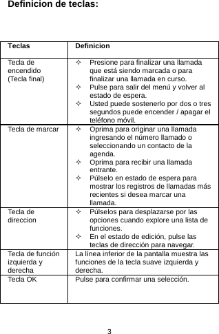 3 Definicion de teclas:    Teclas Definicion Tecla de encendido (Tecla final)   Presione para finalizar una llamada que está siendo marcada o para finalizar una llamada en curso.   Pulse para salir del menú y volver al estado de espera.   Usted puede sostenerlo por dos o tres segundos puede encender / apagar el teléfono móvil. Tecla de marcar    Oprima para originar una llamada ingresando el número llamado o seleccionando un contacto de la agenda.   Oprima para recibir una llamada entrante.   Púlselo en estado de espera para mostrar los registros de llamadas más recientes si desea marcar una llamada. Tecla de direccion     Púlselos para desplazarse por las opciones cuando explore una lista de funciones.   En el estado de edición, pulse las teclas de dirección para navegar. Tecla de función izquierda y derecha La línea inferior de la pantalla muestra las funciones de la tecla suave izquierda y derecha. Tecla OK  Pulse para confirmar una selección. 