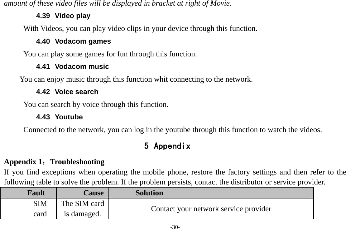 -30- amount of these video files will be displayed in bracket at right of Movie. 4.39 Video play With Videos, you can play video clips in your device through this function. 4.40 Vodacom games You can play some games for fun through this function. 4.41 Vodacom music You can enjoy music through this function whit connecting to the network. 4.42 Voice search      You can search by voice through this function. 4.43 Youtube Connected to the network, you can log in the youtube through this function to watch the videos. 5 Appendix Appendix 1：Troubleshooting If you find exceptions when operating the mobile phone, restore the factory settings and then refer to the following table to solve the problem. If the problem persists, contact the distributor or service provider. Fault  Cause  Solution SIM card The SIM card is damaged.  Contact your network service provider 