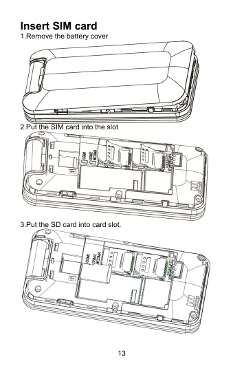 13 Insert SIM card 1.Remove the battery cover  2.Put the SIM card into the slot  3.Put the SD card into card slot.   