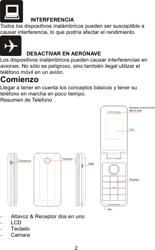 2  INTERFERENCIA Todos los dispositivos inalámbricos pueden ser susceptible a causar interferencia, lo que podría afectar el rendimiento.   DESACTIVAR EN AERONAVE Los dispositivos inalámbricos pueden causar interferencias en aviones. No sólo es peligroso, sino también ilegal utilizar el teléfono móvil en un avión. Comienzo Llegar a tener en cuenta los conceptos básicos y tener su teléfono en marcha en poco tiempo. Resumen de Telefono      -  Altavoz &amp; Receptor dos en uno - LCD - Teclado  - Camara 