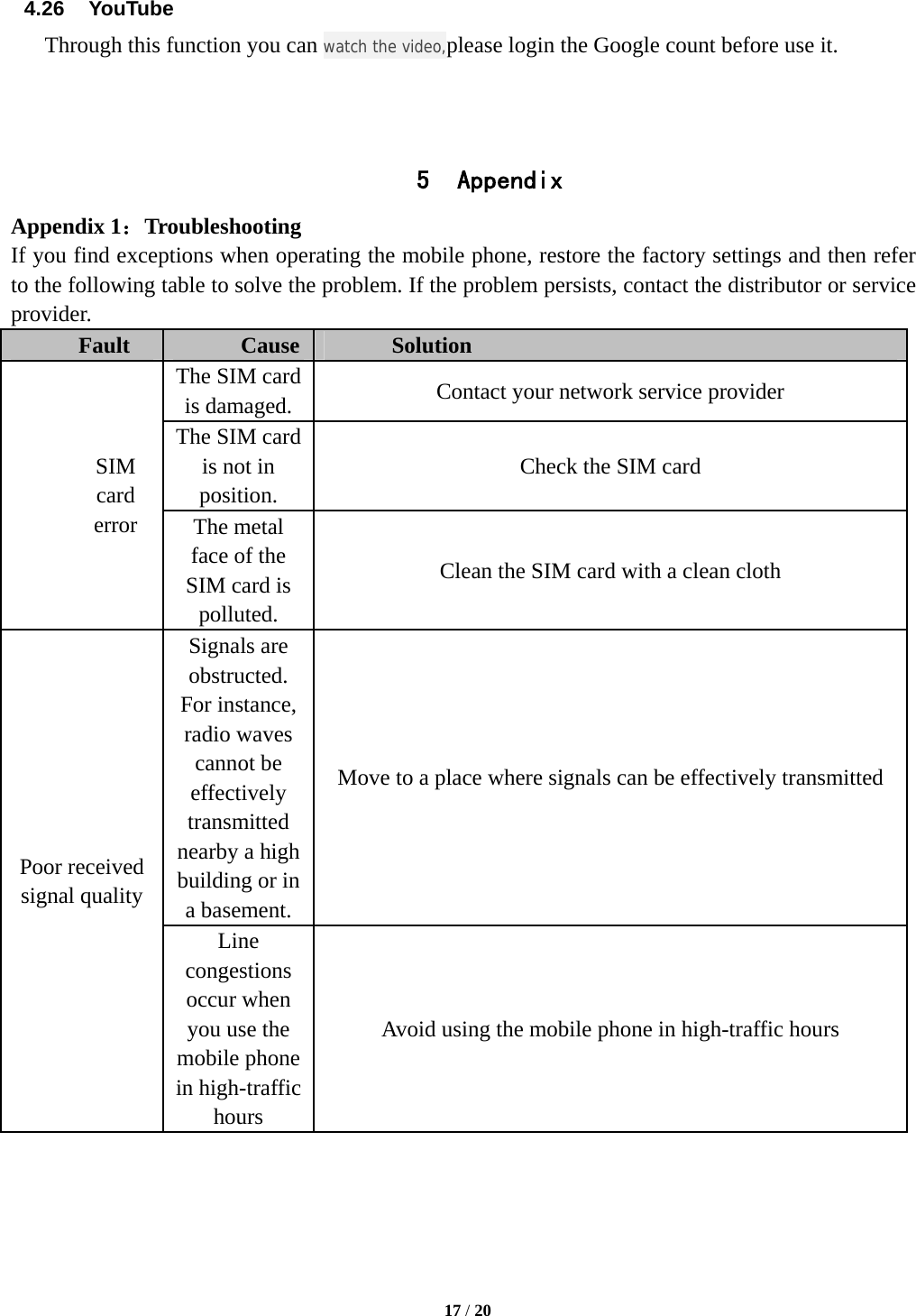   17 / 20  4.26  YouTube Through this function you can watch the video,please login the Google count before use it.    5 Appendix Appendix 1：Troubleshooting If you find exceptions when operating the mobile phone, restore the factory settings and then refer to the following table to solve the problem. If the problem persists, contact the distributor or service provider. Fault  Cause  Solution SIM card error The SIM card is damaged.  Contact your network service provider The SIM card is not in position. Check the SIM card The metal face of the SIM card is polluted. Clean the SIM card with a clean cloth Poor received signal quality Signals are obstructed. For instance, radio waves cannot be effectively transmitted nearby a high building or in a basement. Move to a place where signals can be effectively transmitted Line congestions occur when you use the mobile phone in high-traffic hours Avoid using the mobile phone in high-traffic hours 