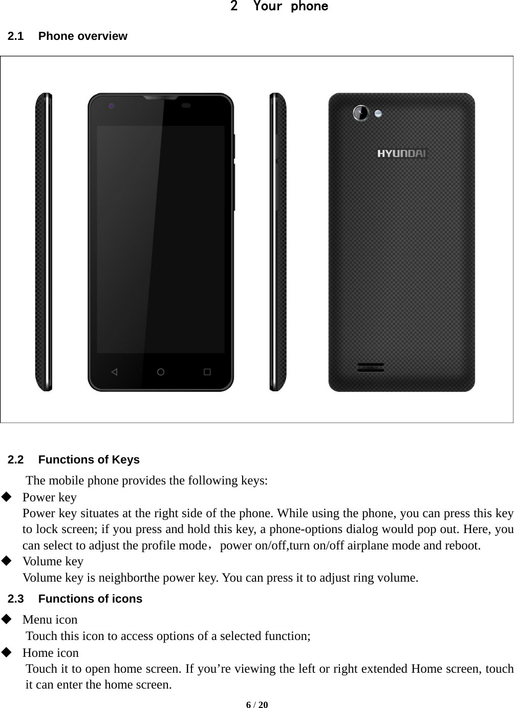  6 / 20    2 Your phone 2.1 Phone overview   2.2  Functions of Keys The mobile phone provides the following keys:  Power key Power key situates at the right side of the phone. While using the phone, you can press this key to lock screen; if you press and hold this key, a phone-options dialog would pop out. Here, you can select to adjust the profile mode，power on/off,turn on/off airplane mode and reboot.  Volume key Volume key is neighborthe power key. You can press it to adjust ring volume. 2.3  Functions of icons  Menu icon Touch this icon to access options of a selected function;  Home icon Touch it to open home screen. If you’re viewing the left or right extended Home screen, touch it can enter the home screen. 