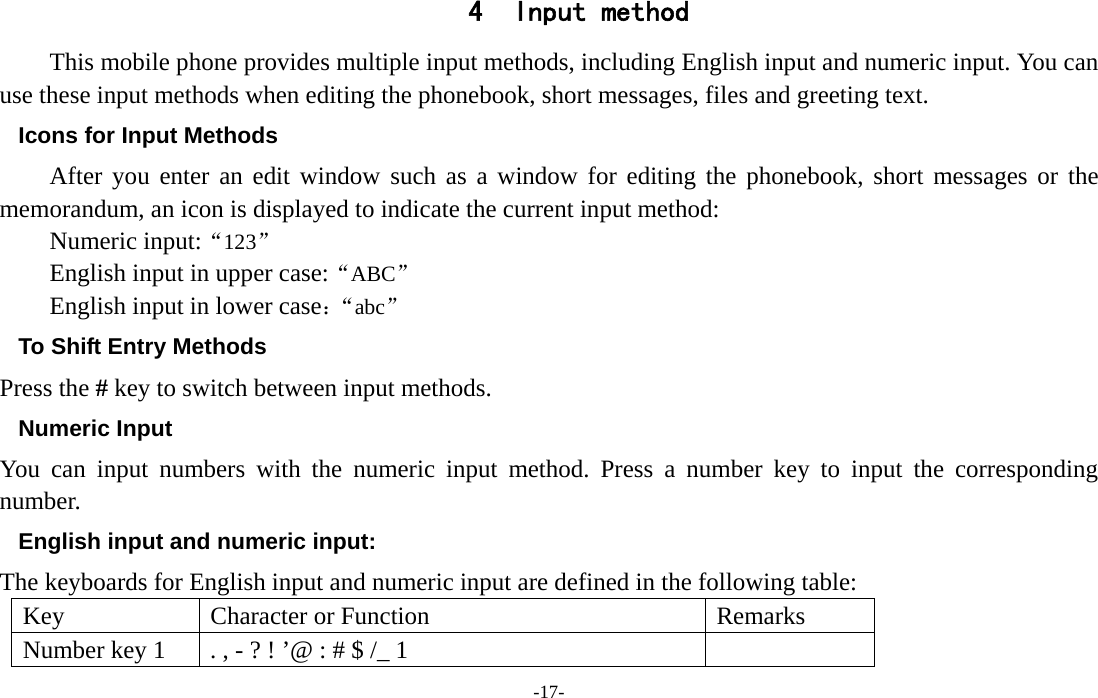  -17- 4 Input method This mobile phone provides multiple input methods, including English input and numeric input. You can use these input methods when editing the phonebook, short messages, files and greeting text. Icons for Input Methods After you enter an edit window such as a window for editing the phonebook, short messages or the memorandum, an icon is displayed to indicate the current input method: Numeric input:“123” English input in upper case:“ABC” English input in lower case：“abc” To Shift Entry Methods Press the # key to switch between input methods. Numeric Input You can input numbers with the numeric input method. Press a number key to input the corresponding number. English input and numeric input: The keyboards for English input and numeric input are defined in the following table: Key  Character or Function  Remarks Number key 1  . , - ? ! ’@ : # $ /_ 1   